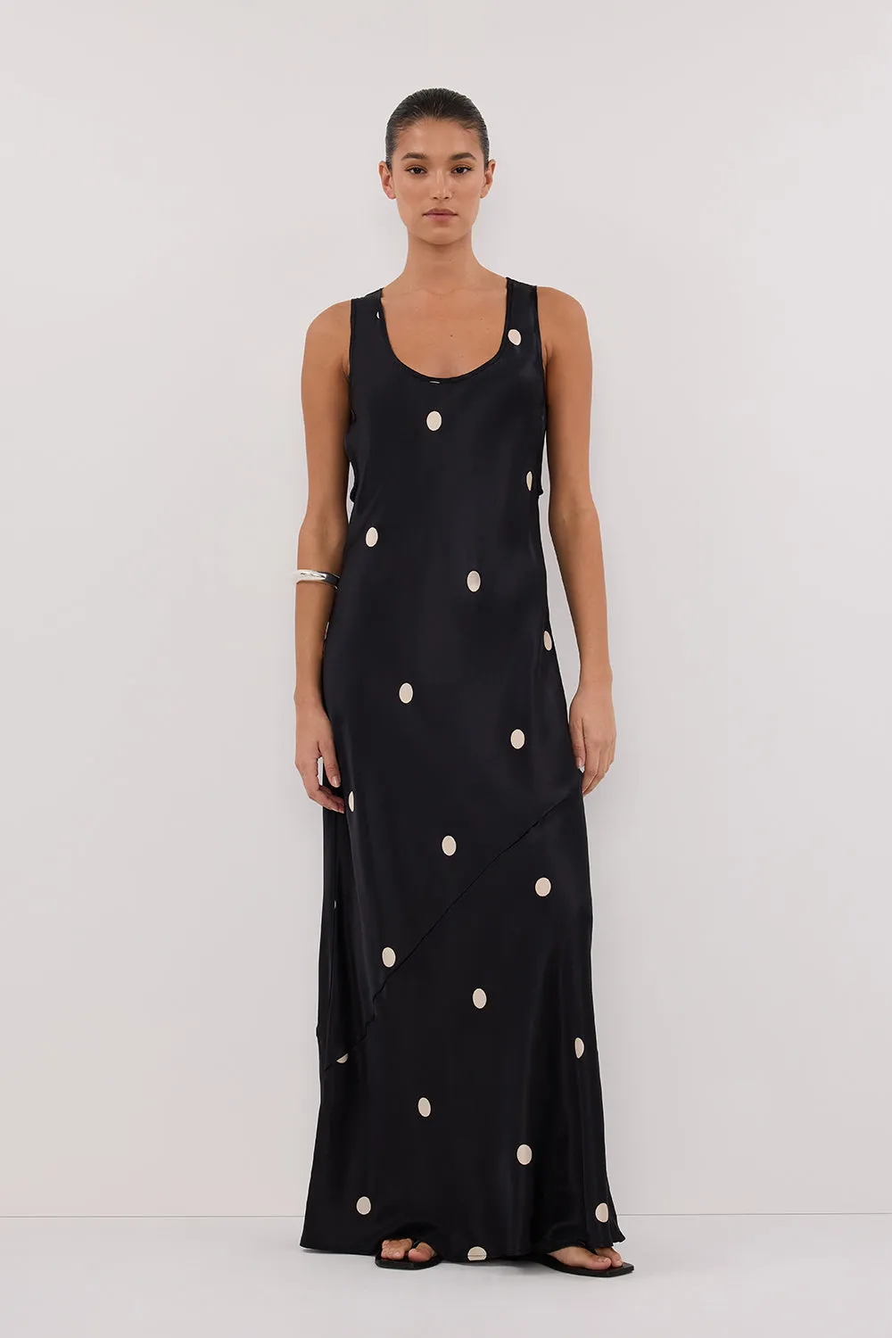 LAURA BLACK SPOT SILK MAXI DRESS Leg-Lengthening Casual Mode