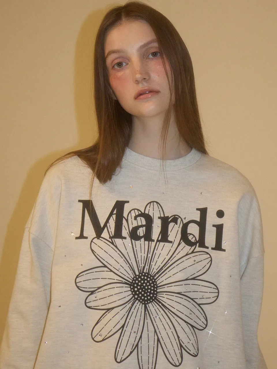 SWEATSHIRT FLOWERMARDI STONE EMBELLISHED_OATMEAL BLACK easy to pair Comfortable Layers