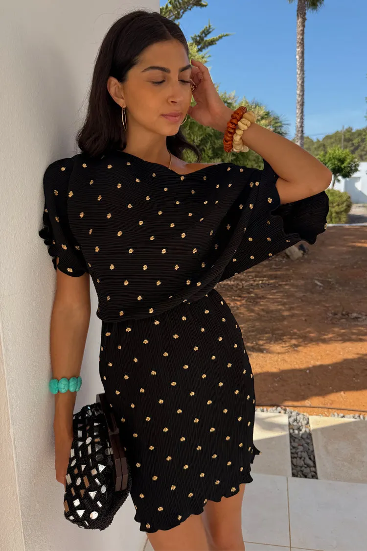 Black Plisse Mini Tilly Dress Subtle Stitch Hook-And-Eye