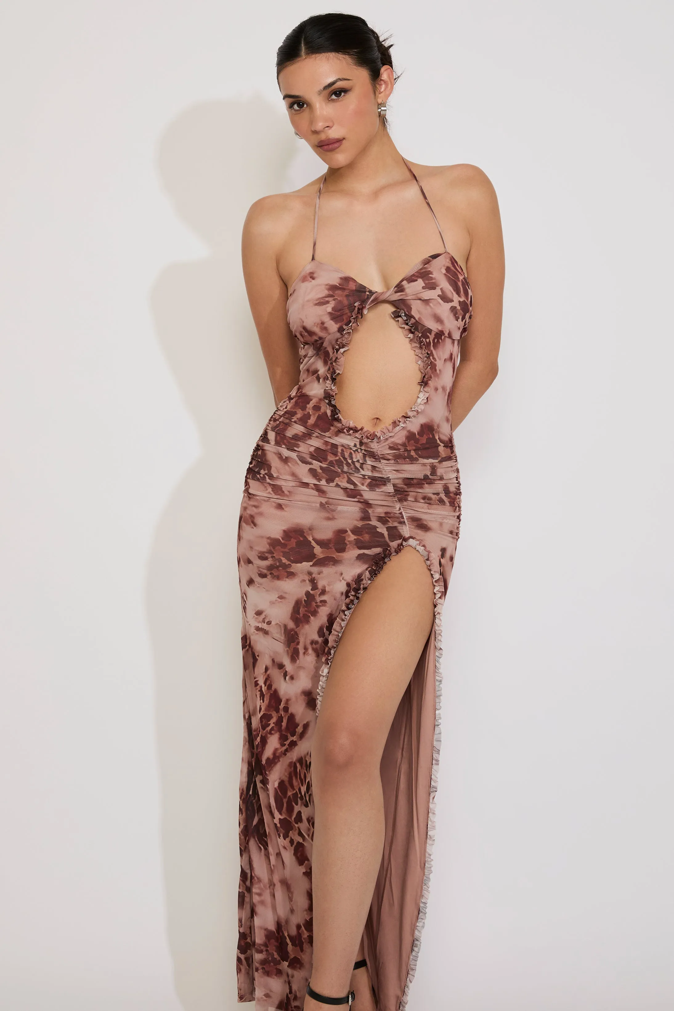 LEOPARD CUTOUT HALTER SIDE SLIT MAXI DRESS Luxury Feel Layered Movement