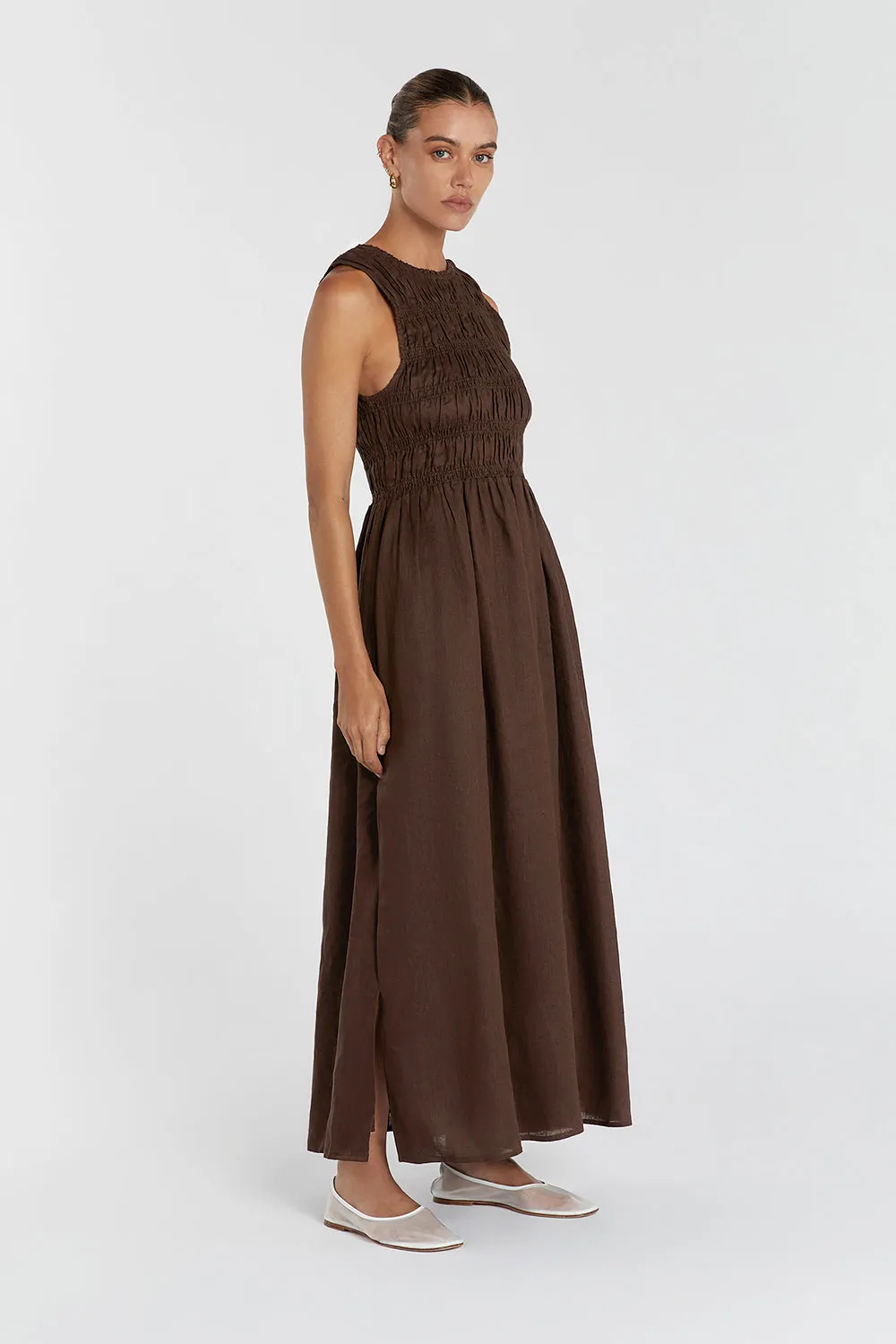 LESSI BITTER CHOC LINEN MAXI DRESS Matte-finish
