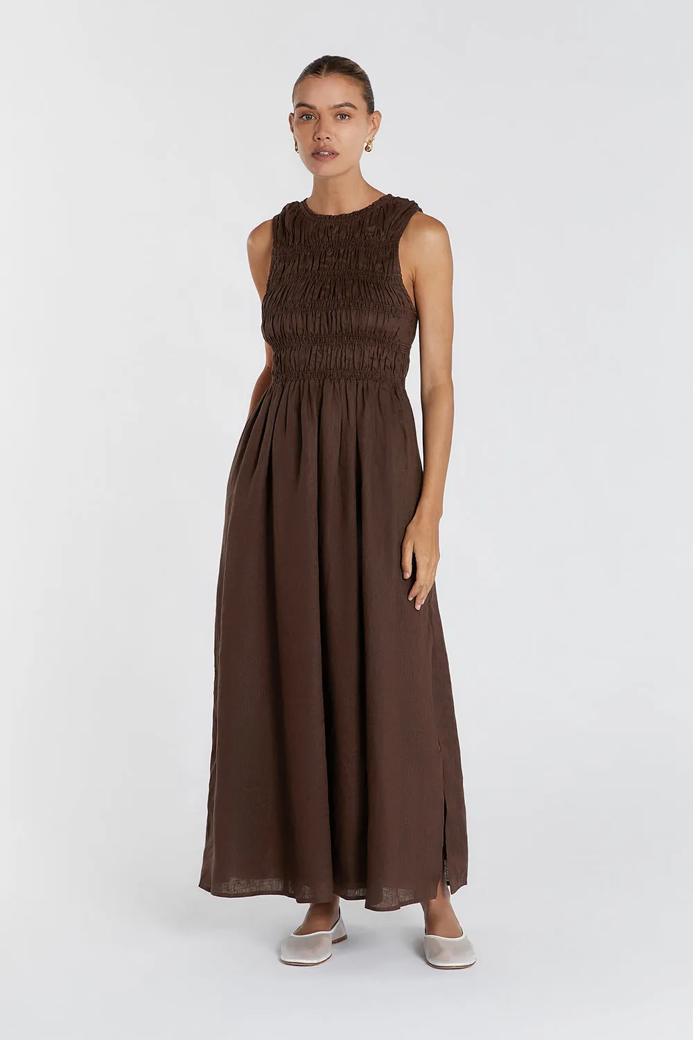 Comfort Stretch LESSI BITTER CHOC LINEN MAXI DRESS