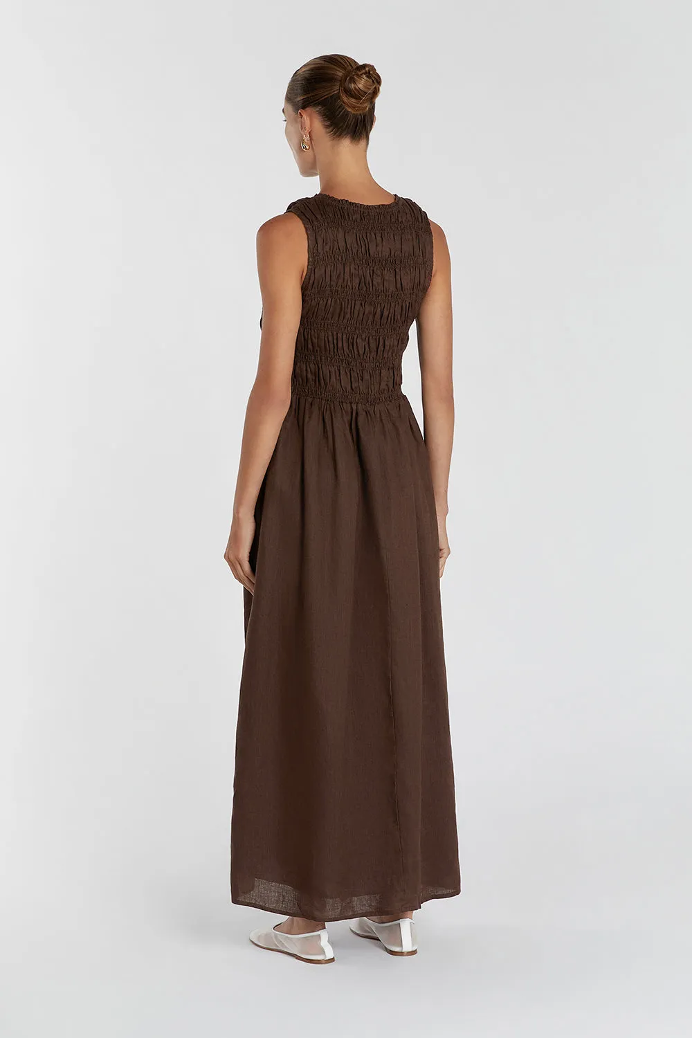 LESSI BITTER CHOC LINEN MAXI DRESS Classic and Modern Classic Flow