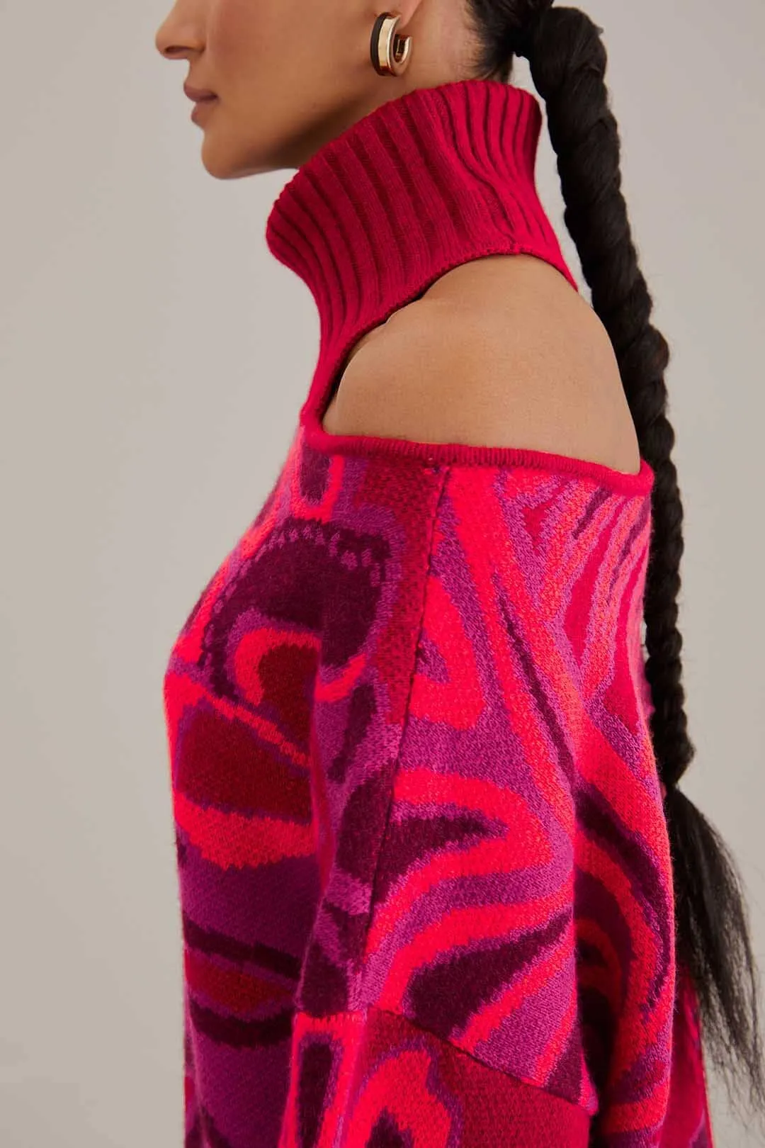 Pink Bold Floral Knit Sweater Seamless Circular Knit