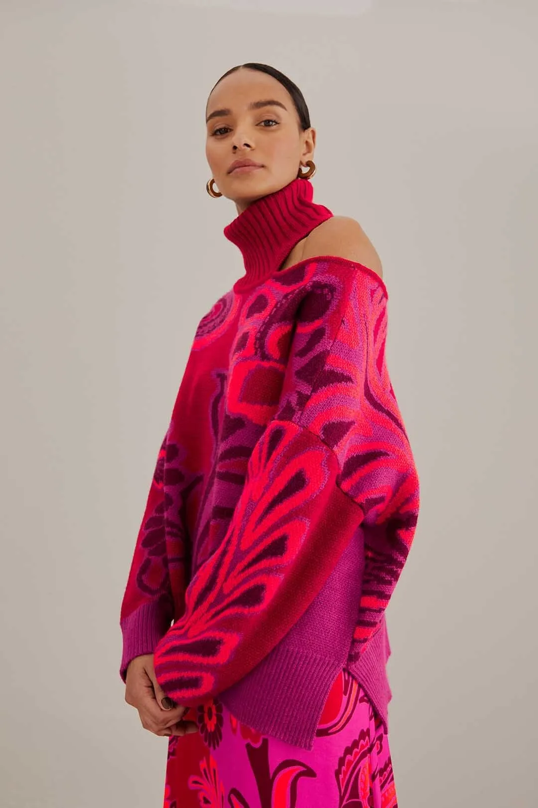 Cool Layering Pink Bold Floral Knit Sweater