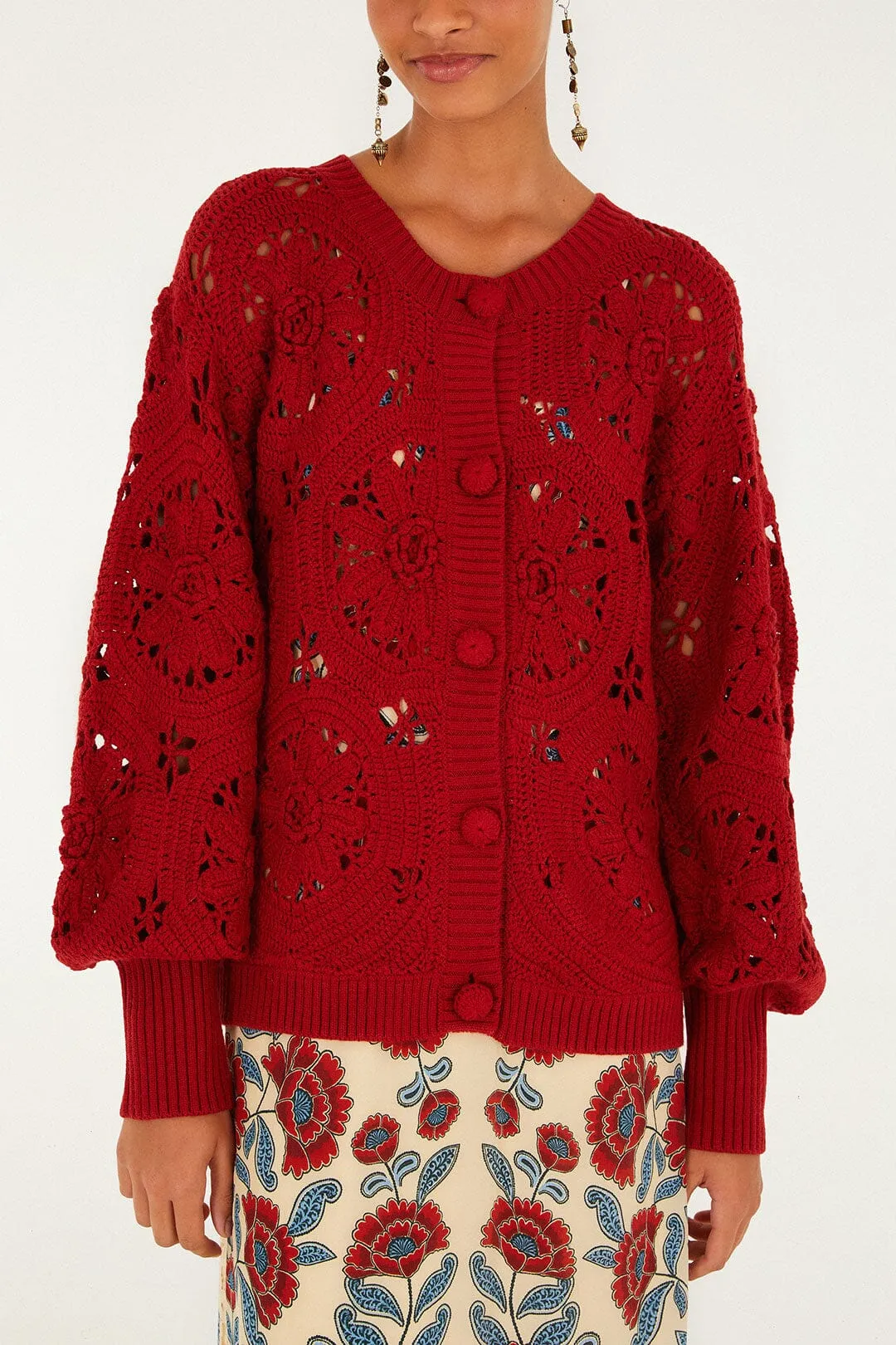 Red Crochet Flower Knit Cardigan Anti Static Finish Yearlong Favorite