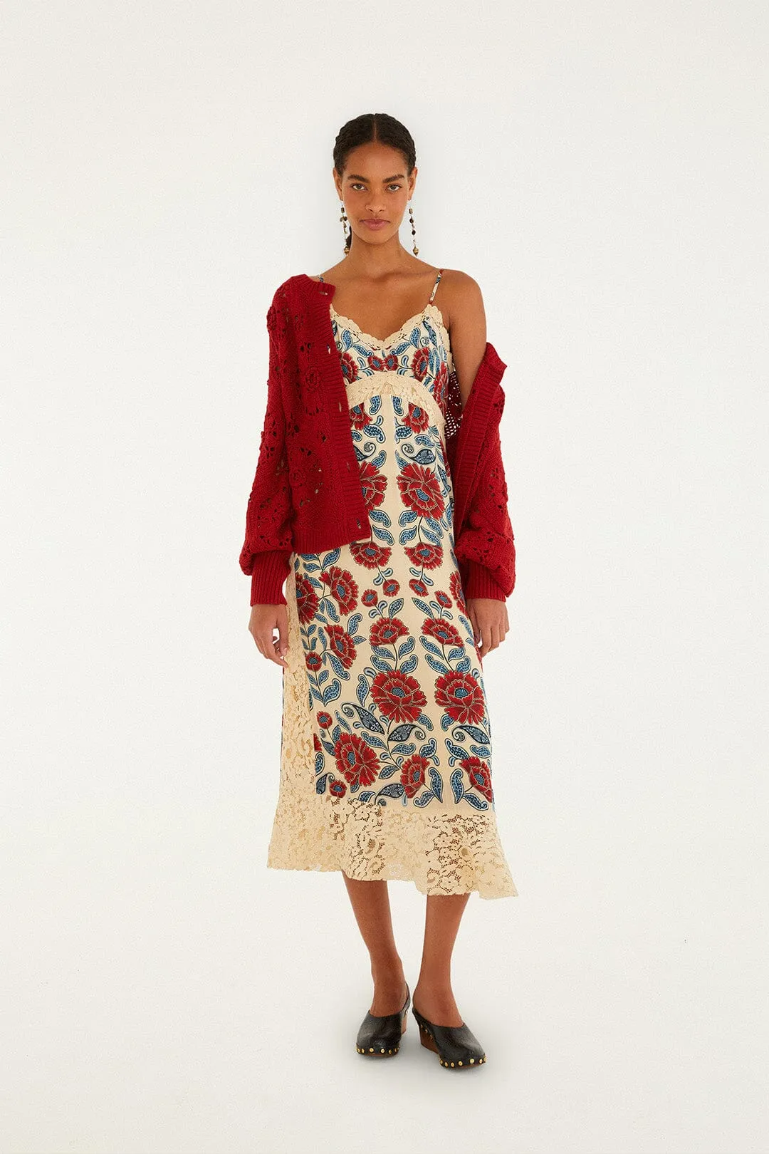 Red Crochet Flower Knit Cardigan Drop Shoulder Design Moisture Wicking Yarn