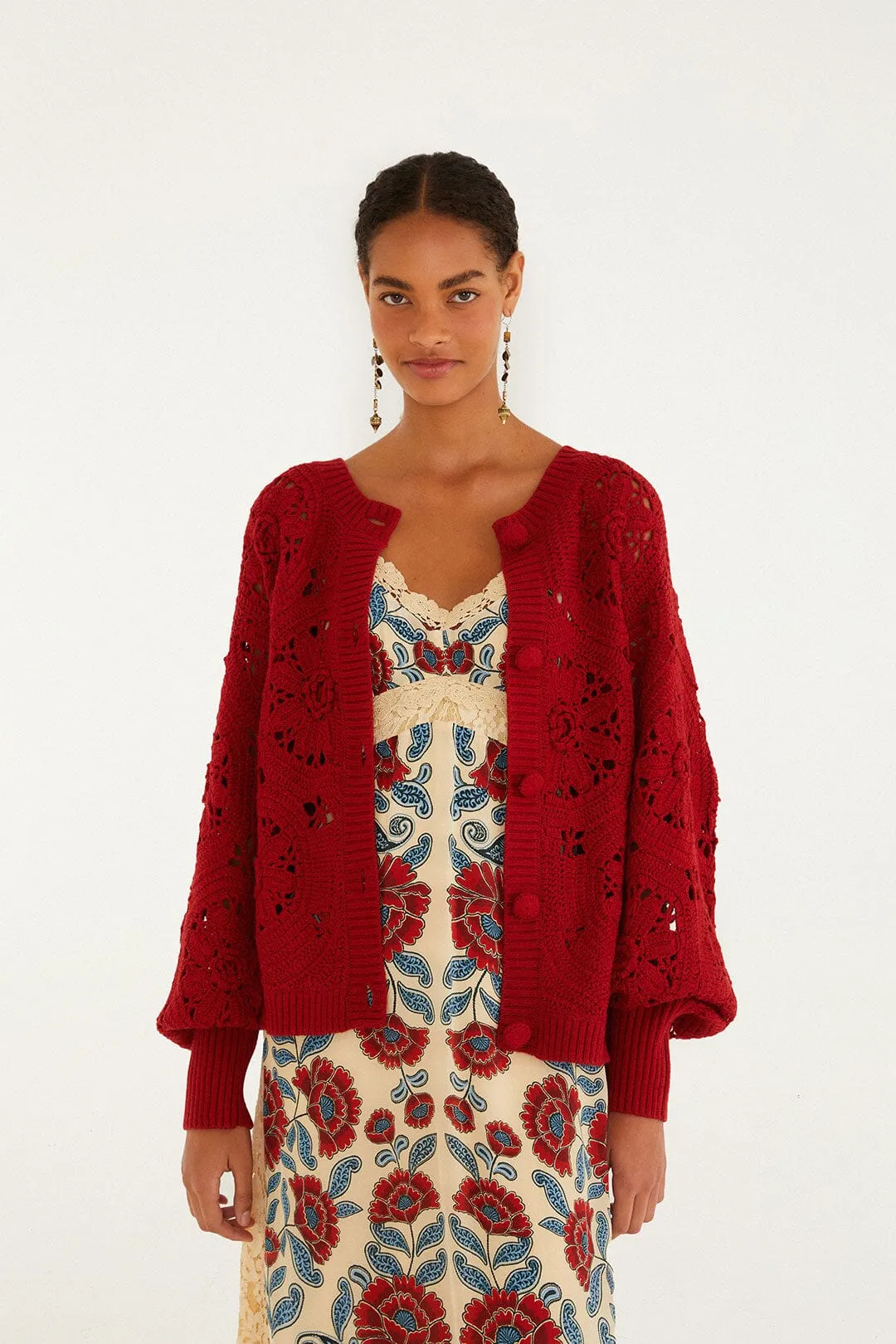 Cozy Texture TemperatureRegulating Fabric Red Crochet Flower Knit Cardigan