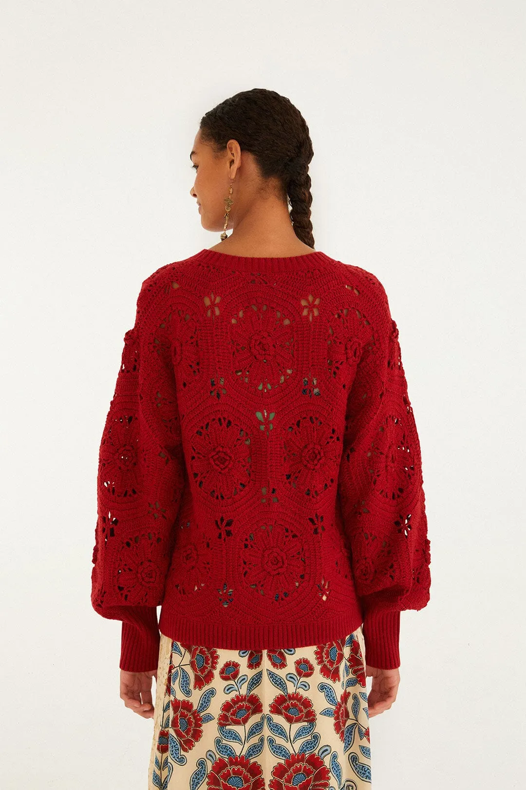 Texture Detail Cool Layer Red Crochet Flower Knit Cardigan