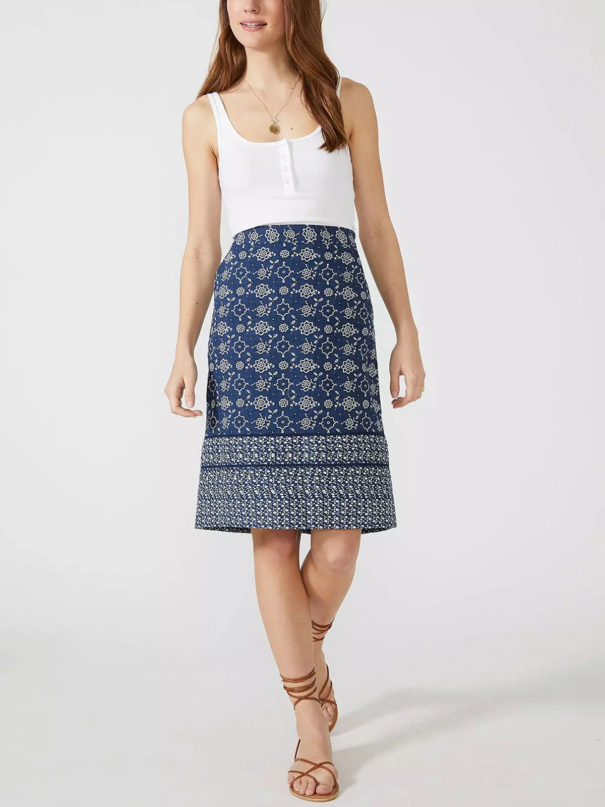 Lined Cotton Print Summer Skirt Twist Front City Wear