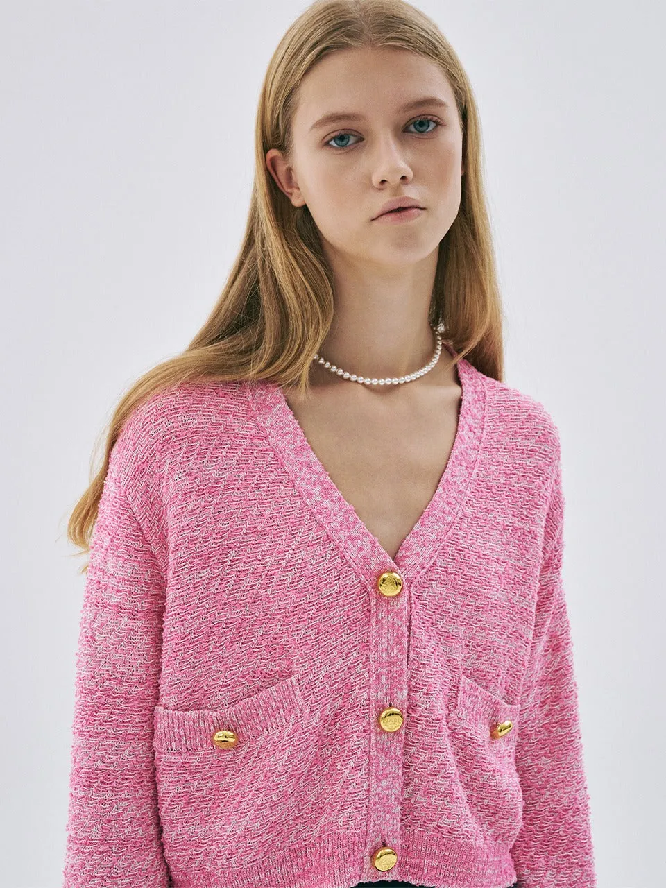 Soft touch finish LINEN CROPPED CARDIGAN V NECK_PINK