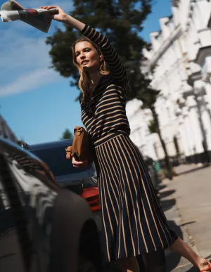 Modern Design Cozy Movement Liz Knitted Midi Skirt-Navy and Camel Stripe