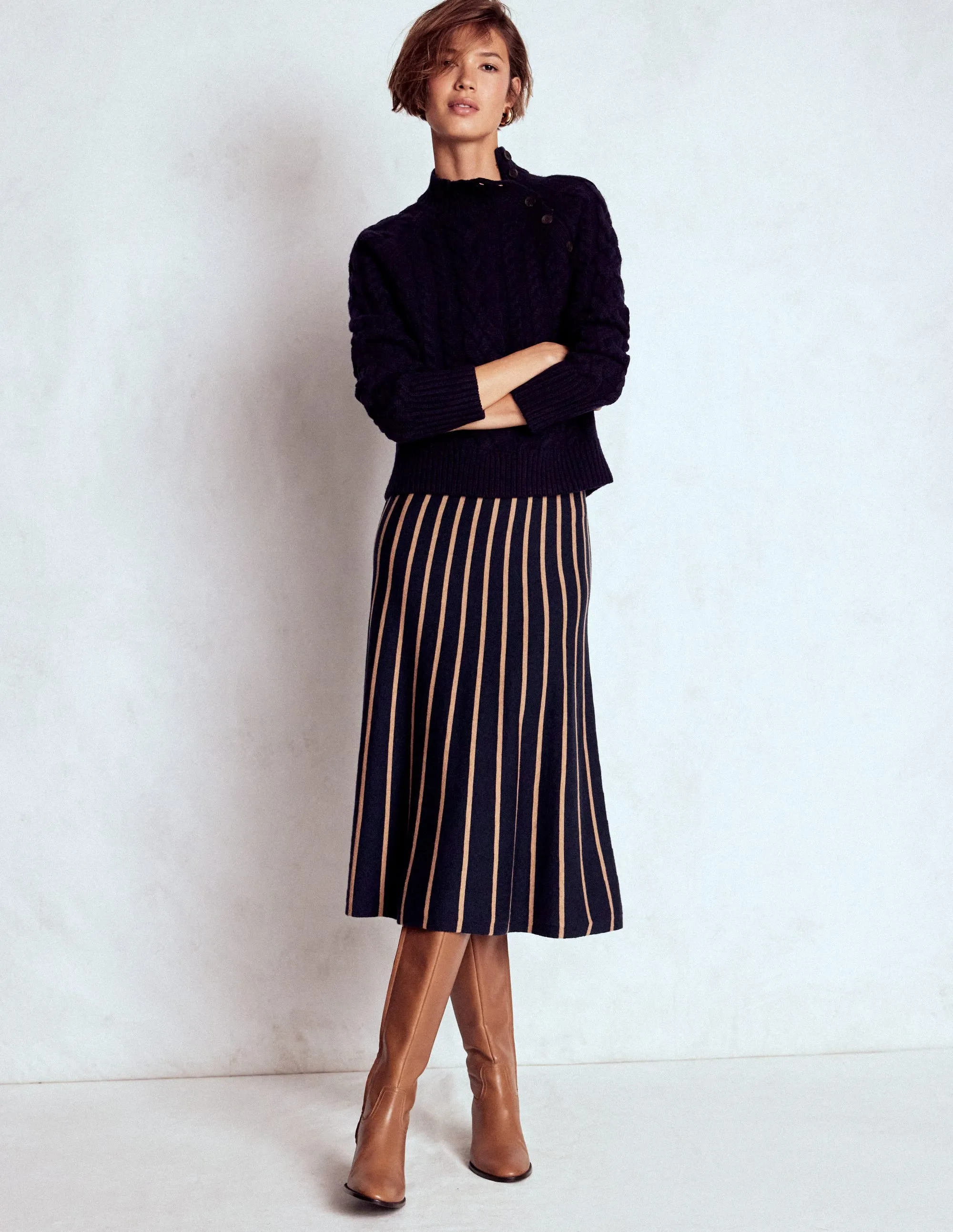 Liz Knitted Midi Skirt-Navy and Camel Stripe Bold Mood
