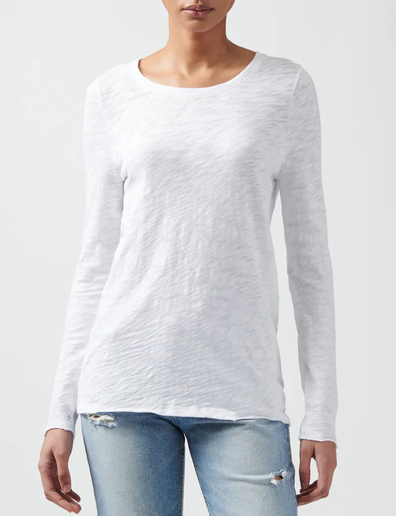 Anti-pilling Fashion and Comfort Long Sleeve Destroyed Wash Crew, White