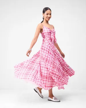 Effortless Layer Wear Long Strappy Dress - Watermelon & White Checks