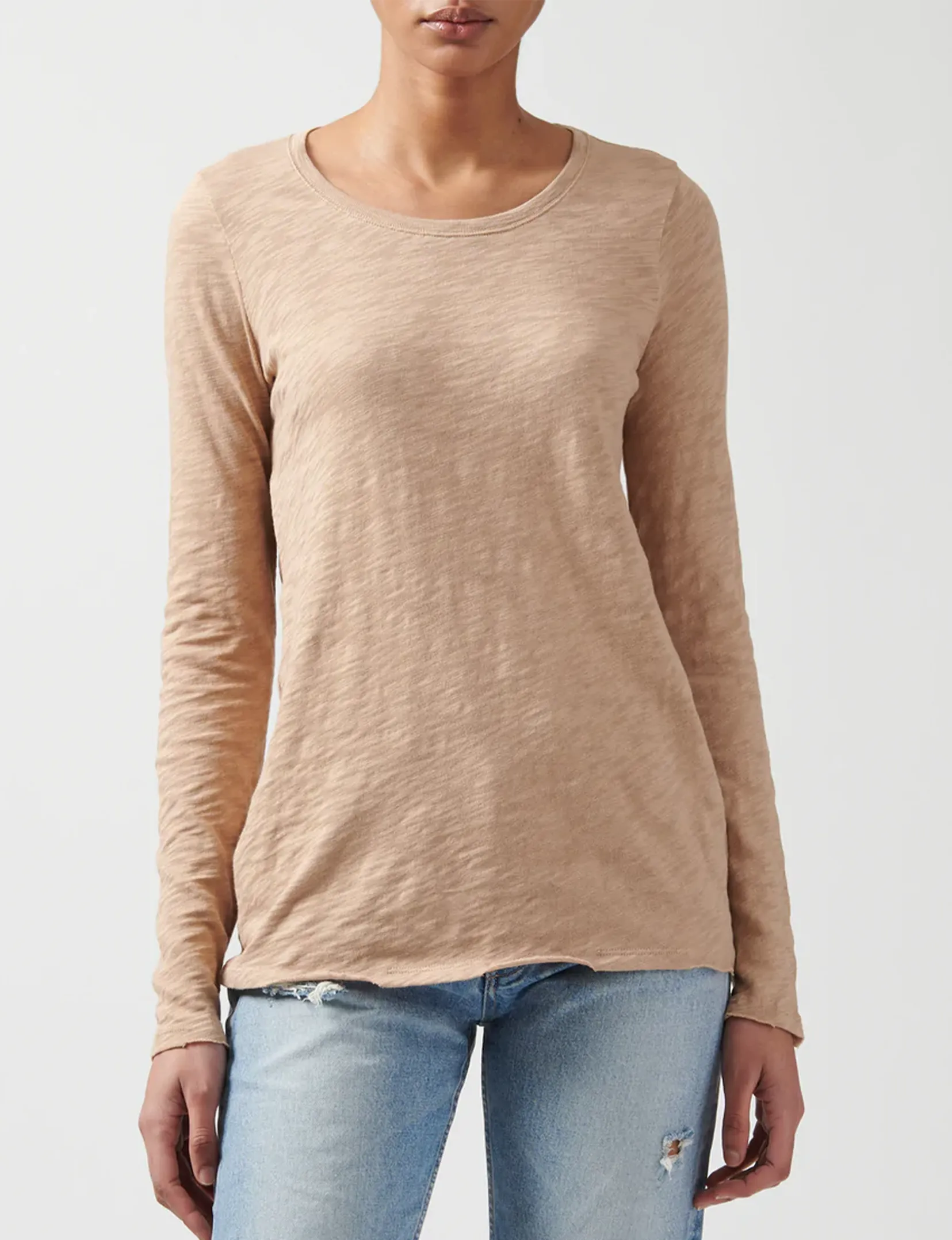 Effortless Daywear Long Sleeve Destroyed Wash Crew, Camel