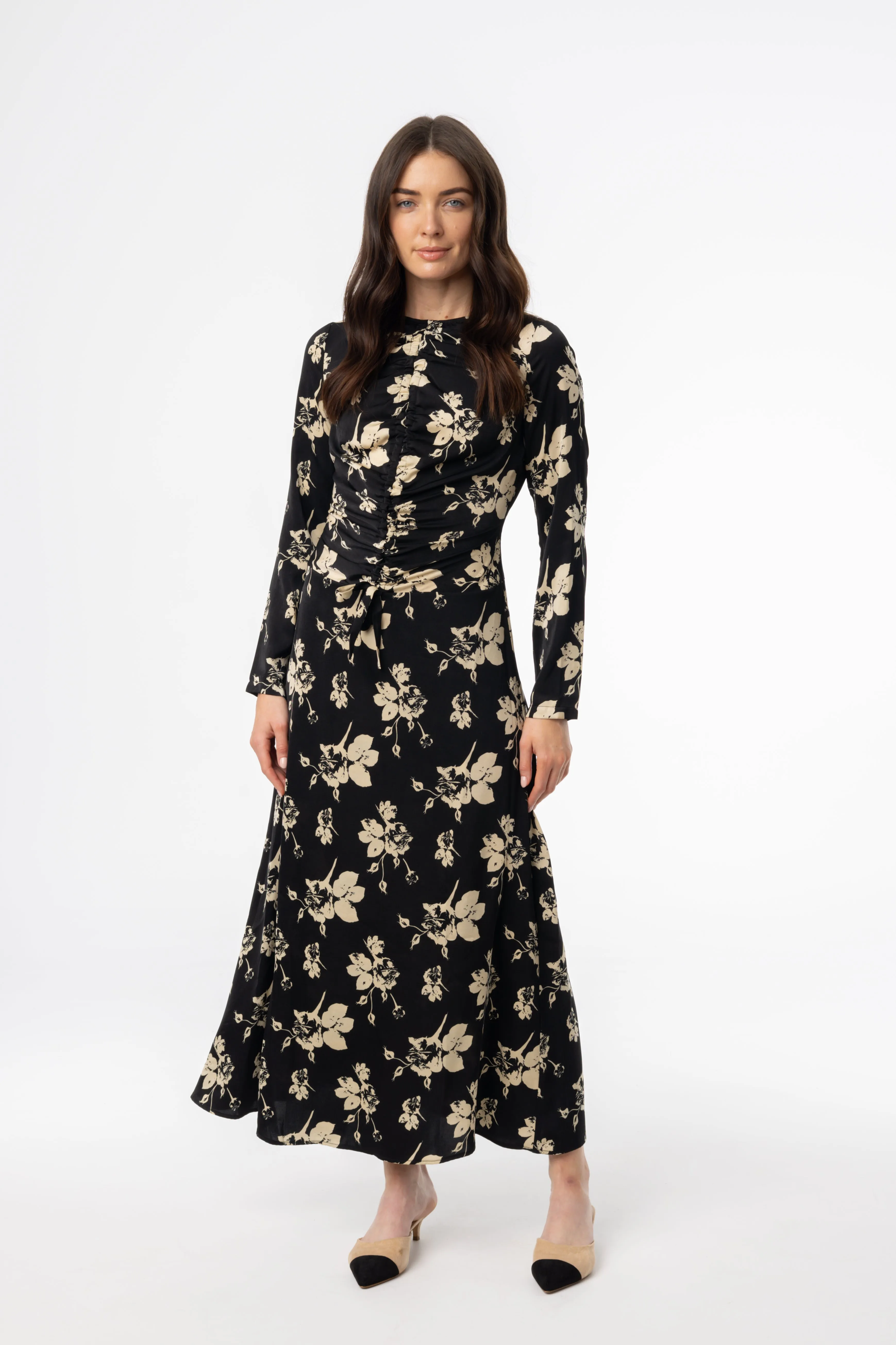 Easy Lovely Basic Shape Black Floral Ruched Maxi Dress