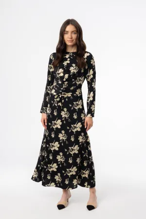 Easy Lovely Basic Shape Black Floral Ruched Maxi Dress