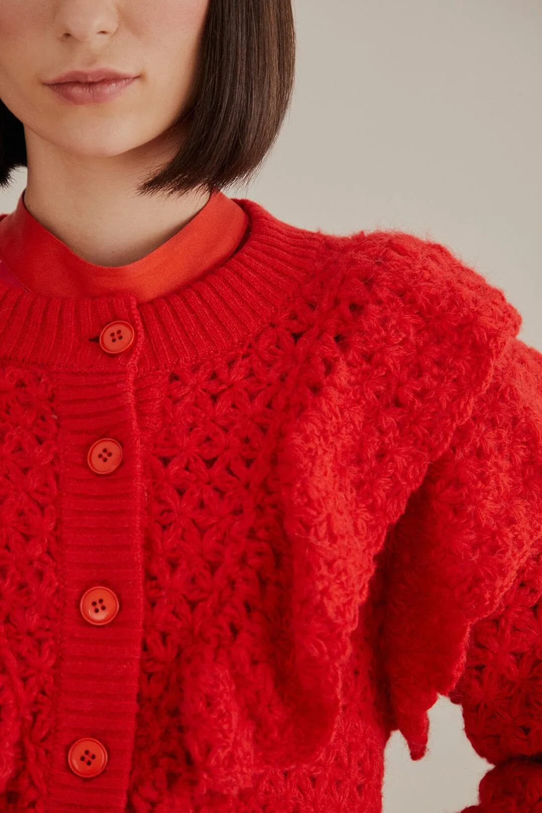 Seam Free Tubular Knit Structure Red Flower Texture Knit Cardigan