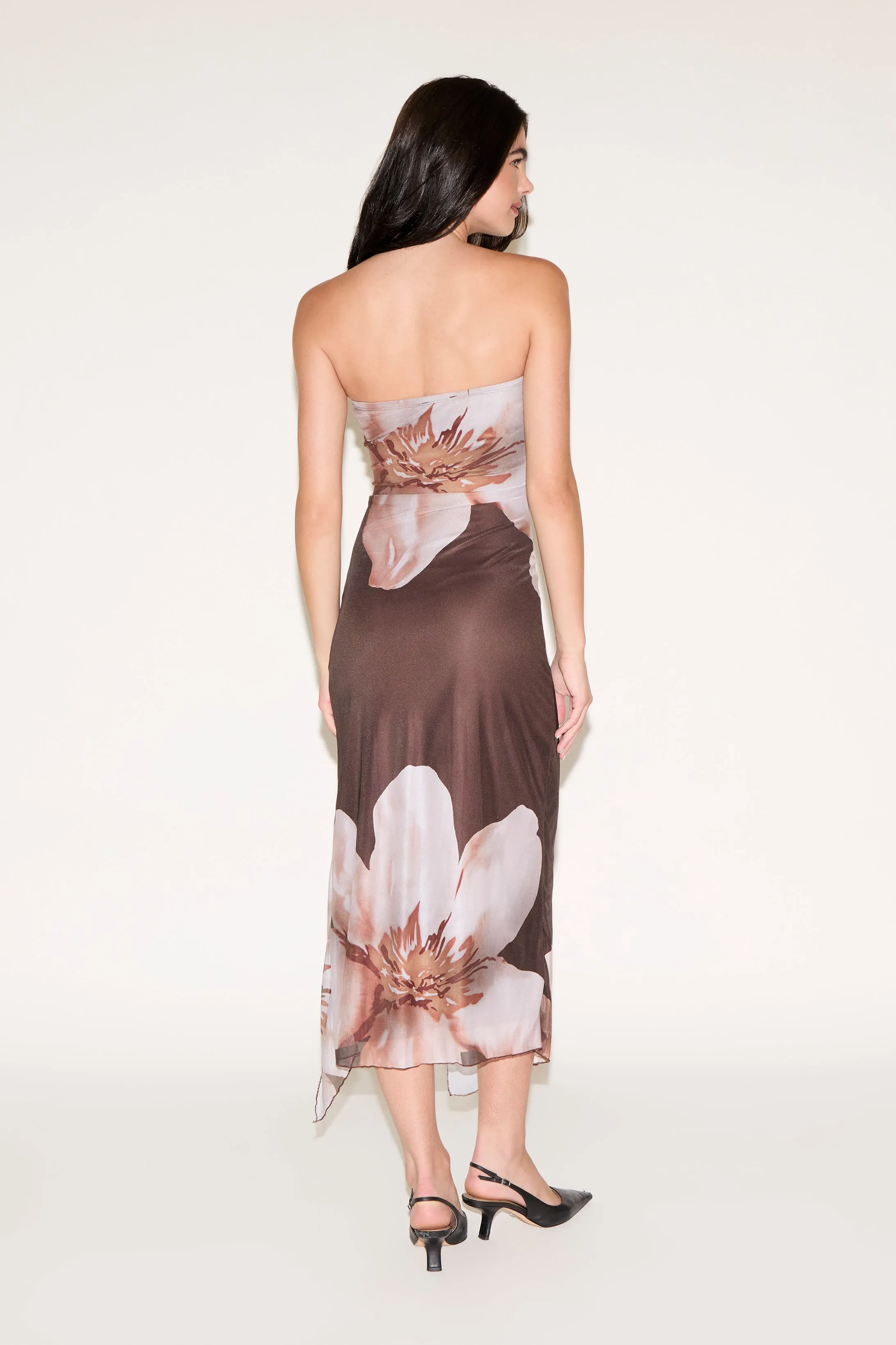 STRAPLESS LARGE FLORAL PRINT MIDI DRESS WITH SLIT Luxe Fabric