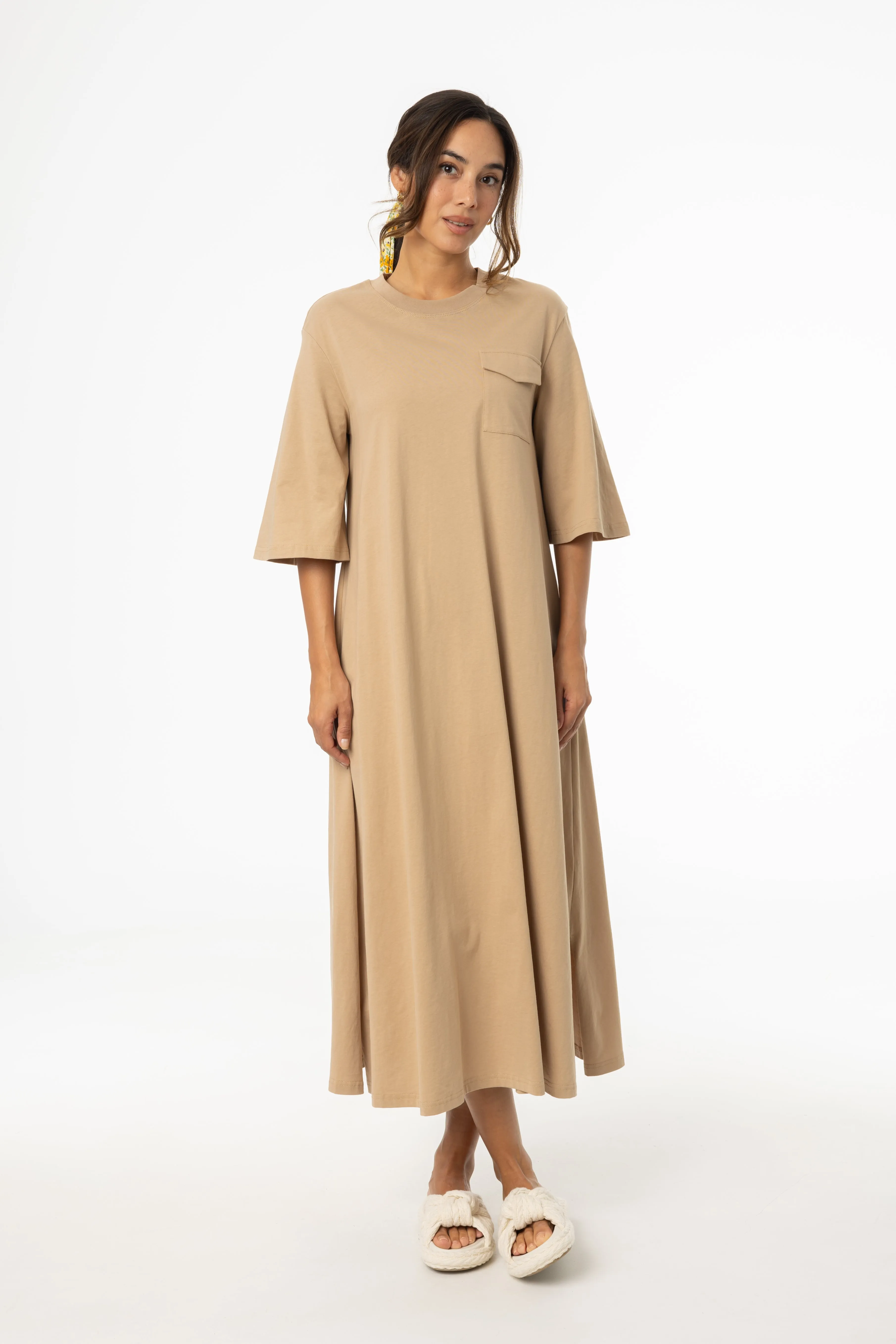 Tan Pocket Tee Shirt Maxi Dress Subtle Glam TaglessDesign