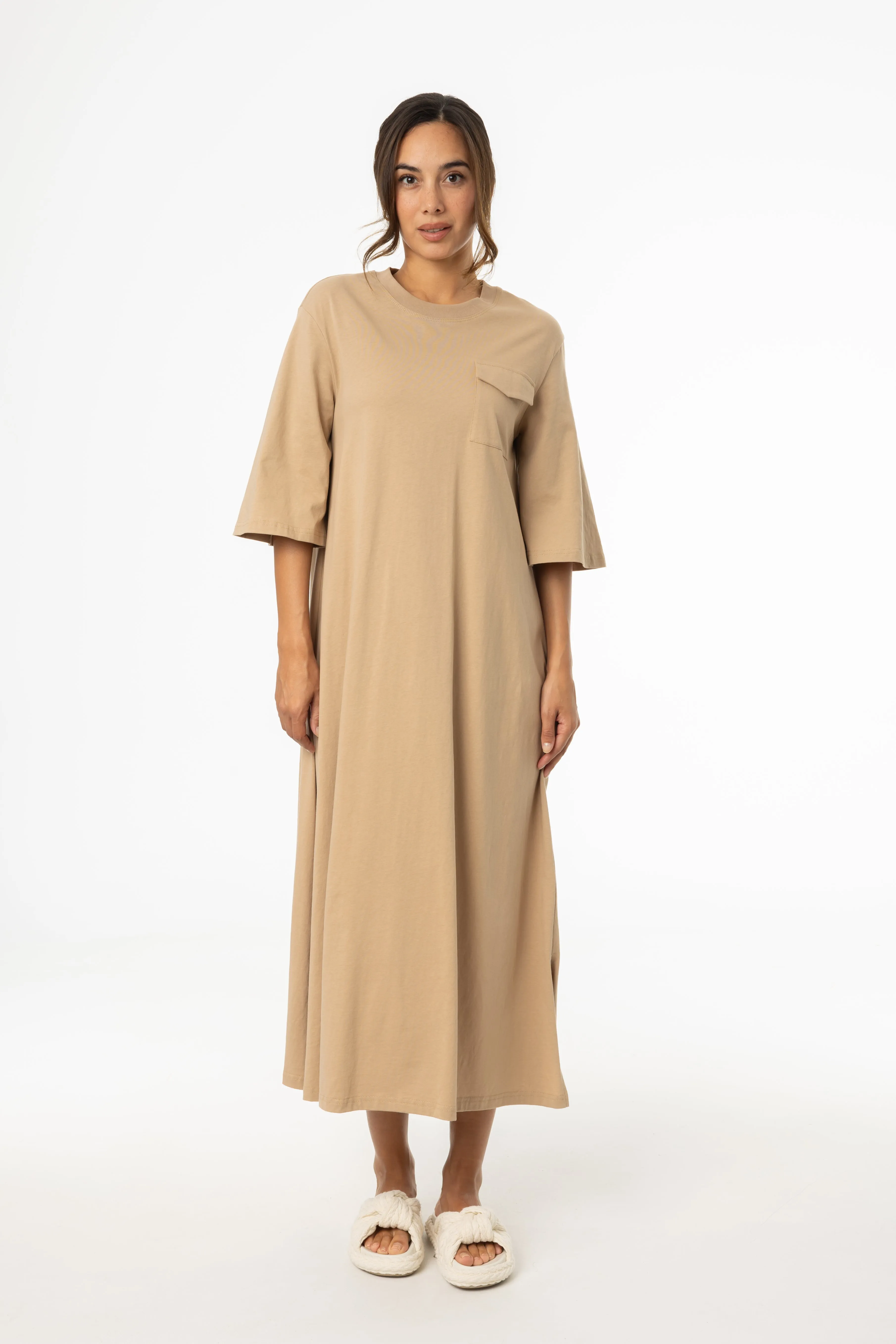 Tan Pocket Tee Shirt Maxi Dress Grace Color Tailored Wear