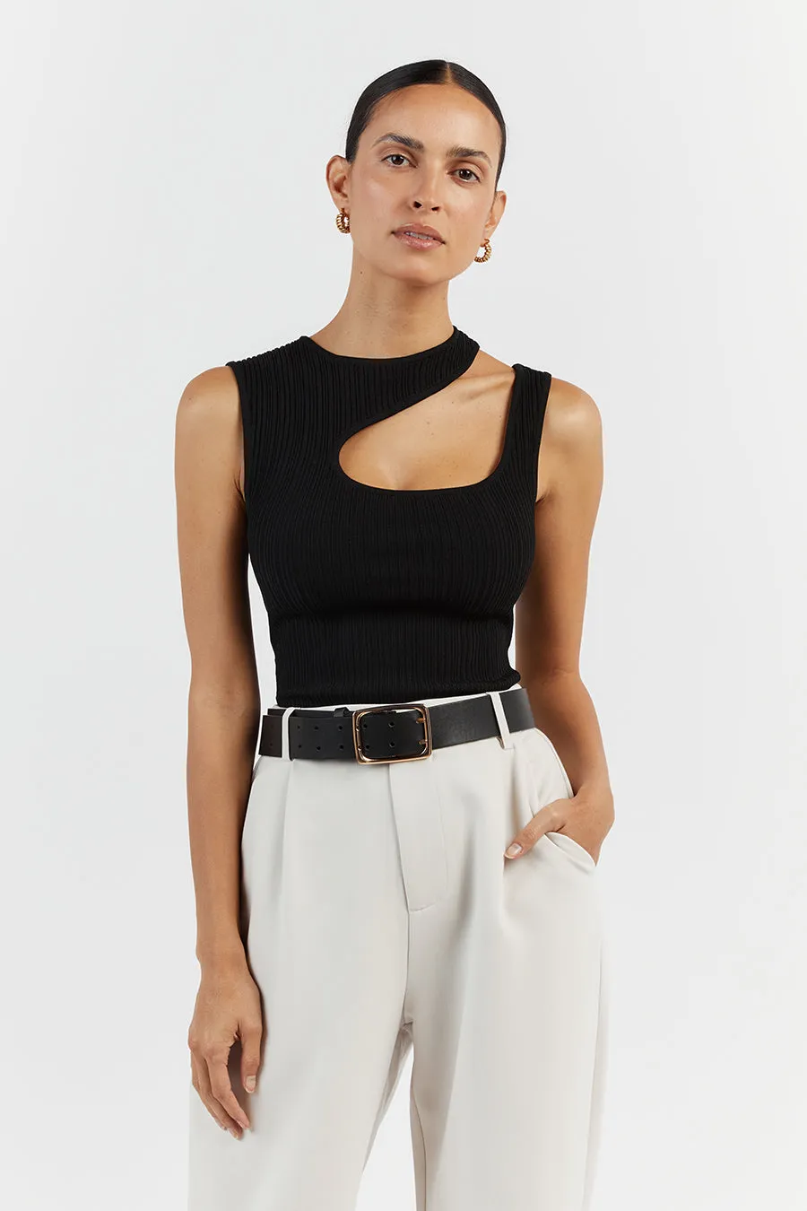 MADDOX BLACK SLEEVELESS ASYM TOP Eco Conscious Manufacturing