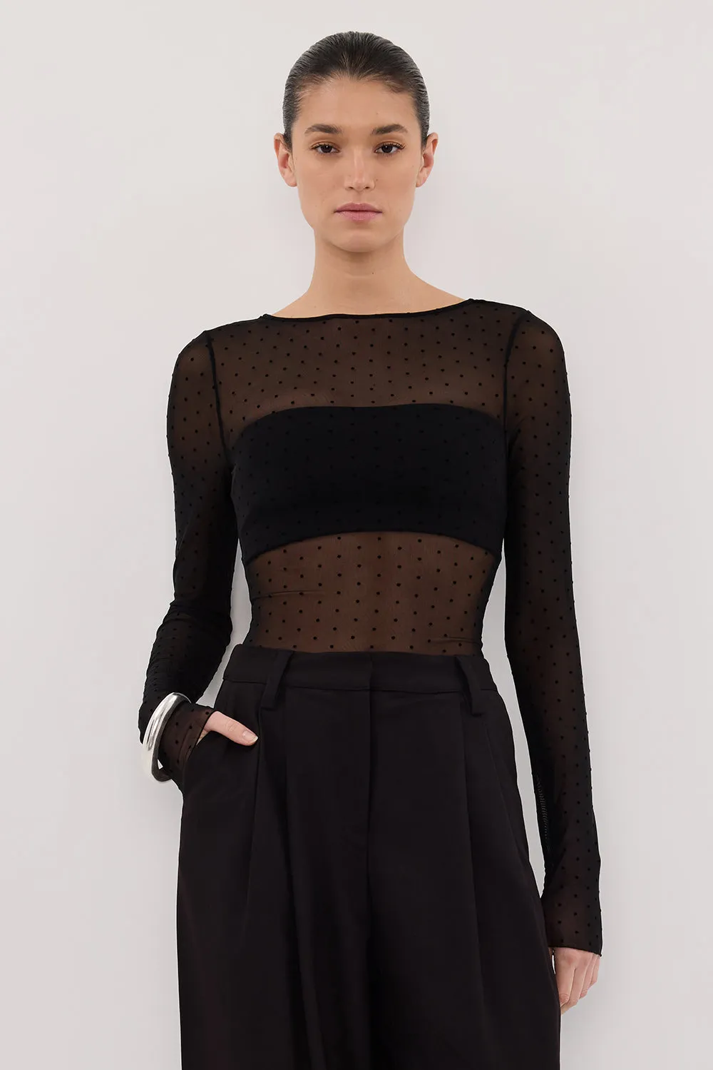 Off-Duty Fit OdorResistant Finish MAE BLACK MESH SPOT LONG SLEEVE TOP