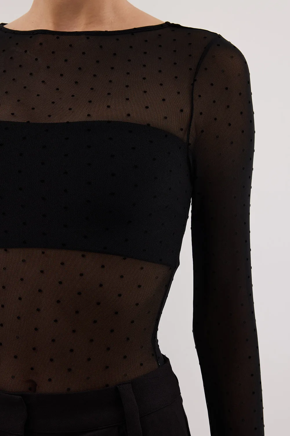 MAE BLACK MESH SPOT LONG SLEEVE TOP Elegant Look