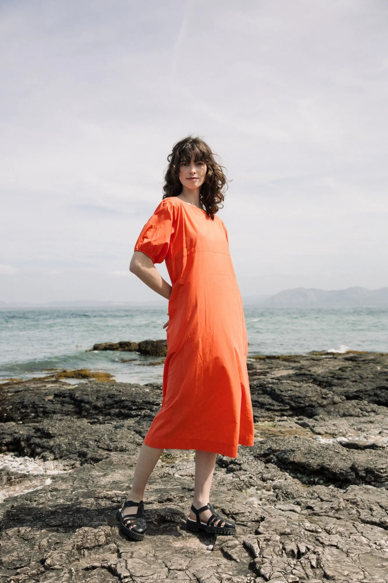 Marella Organic Cotton Dress in Coral Chic Mom Vibrant Waist