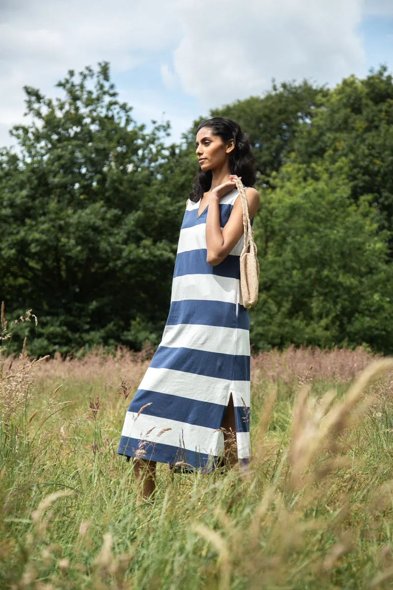 Timeless Vibe Asymmetrical hem Riva-Sue Organic Cotton Dress in Midnight and White Bold Stripe