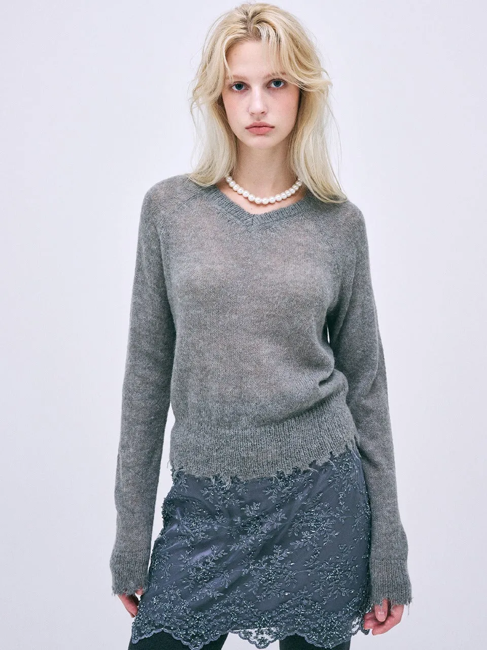 MOHAIR BLENDED CROPPED RAGLAN V NECK_GREY Wrinkle resistant fabric Lightweight Knit