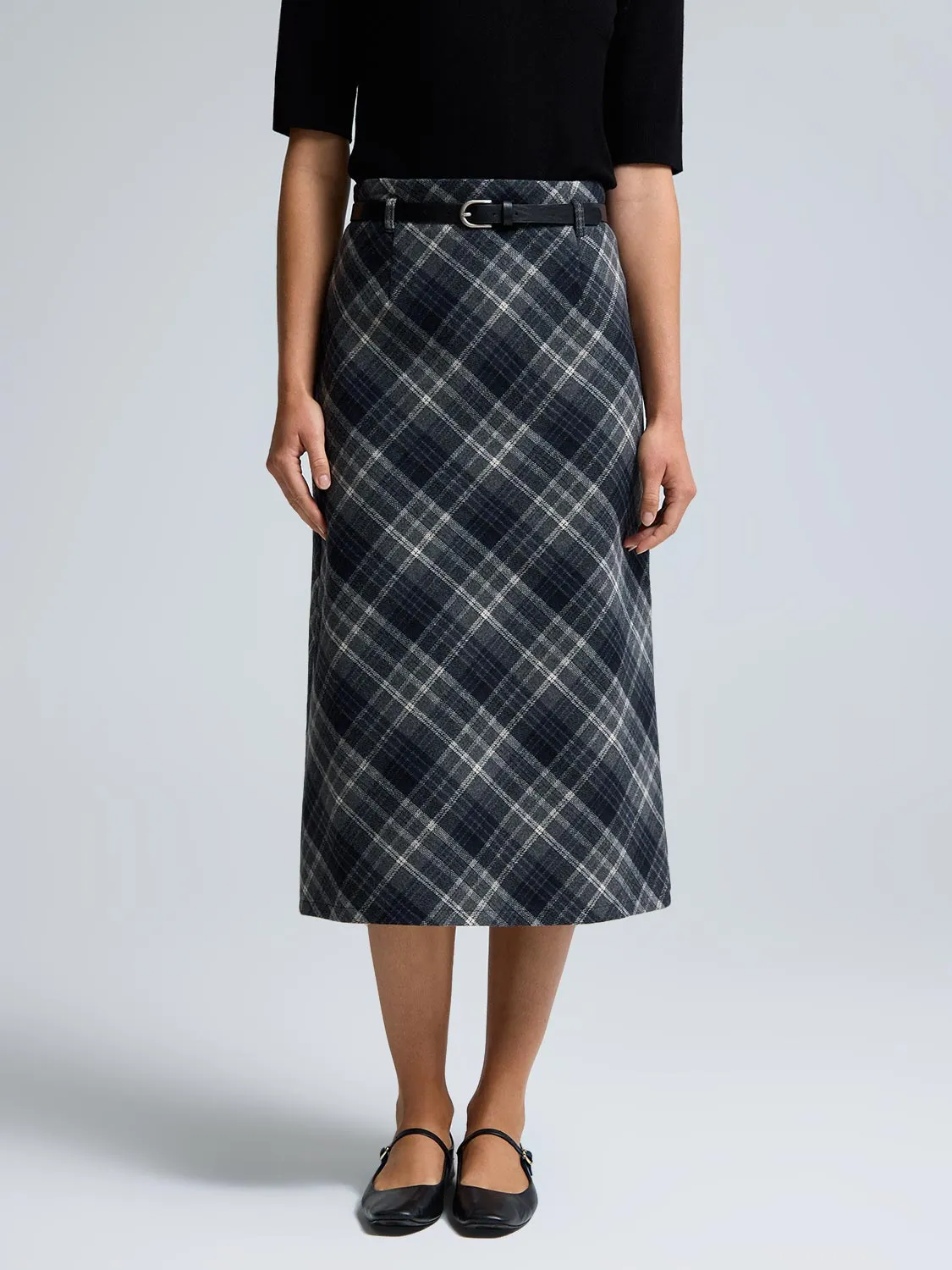 City Tones Midi Plaid Skirt With Belt