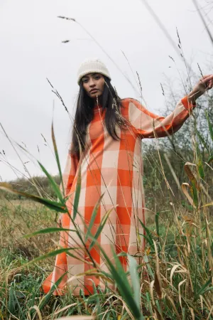 Cool Fabric Farm Scene Miki-Cay Organic Cotton Knitted Check Dress in Brick and Sand