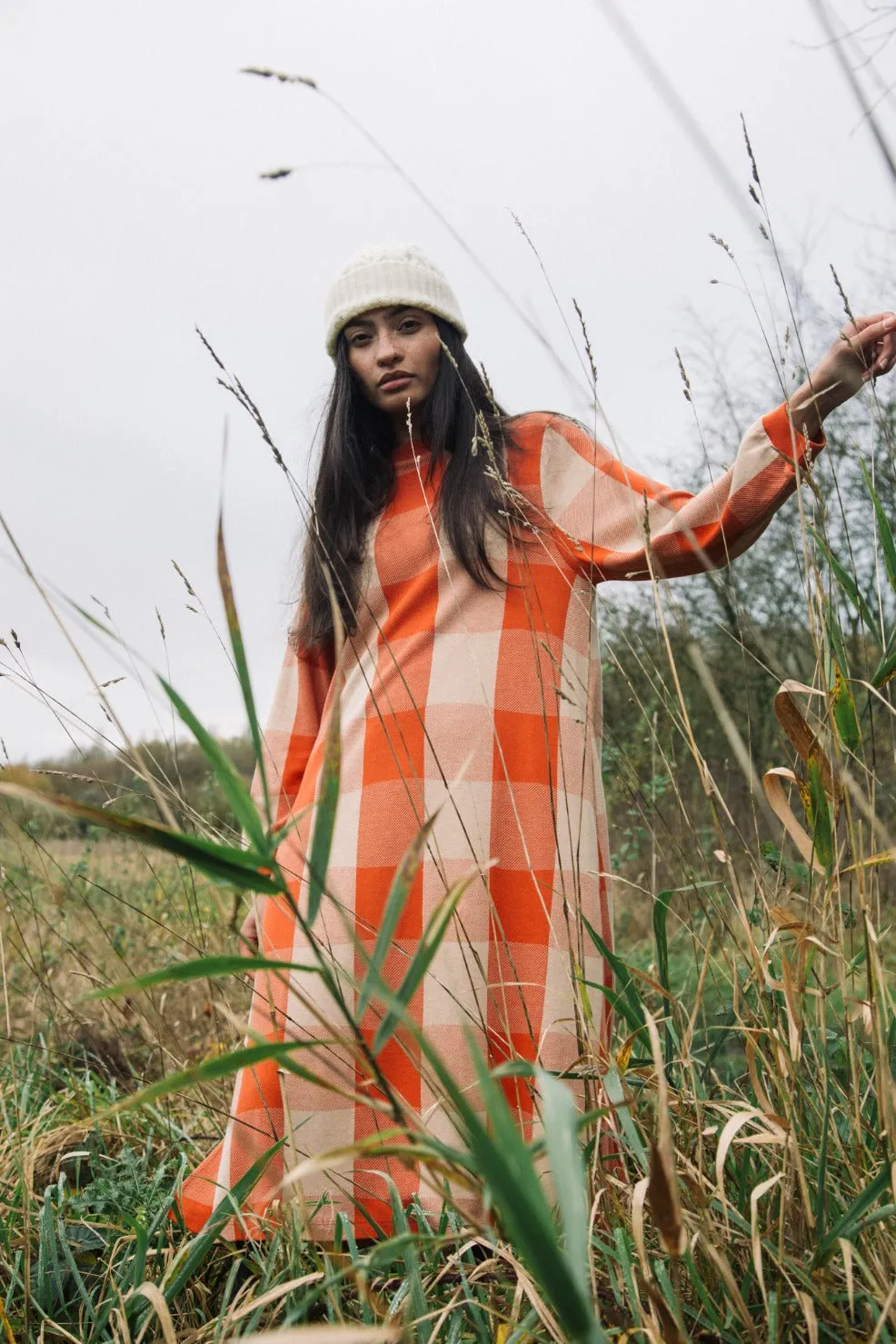 Miki-Cay Organic Cotton Knitted Check Dress in Brick and Sand Radiant Mood