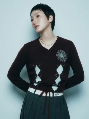 CASHMERE BLENDED V NECK ARGYLE_BURGUNDY MINT Cozy Mood