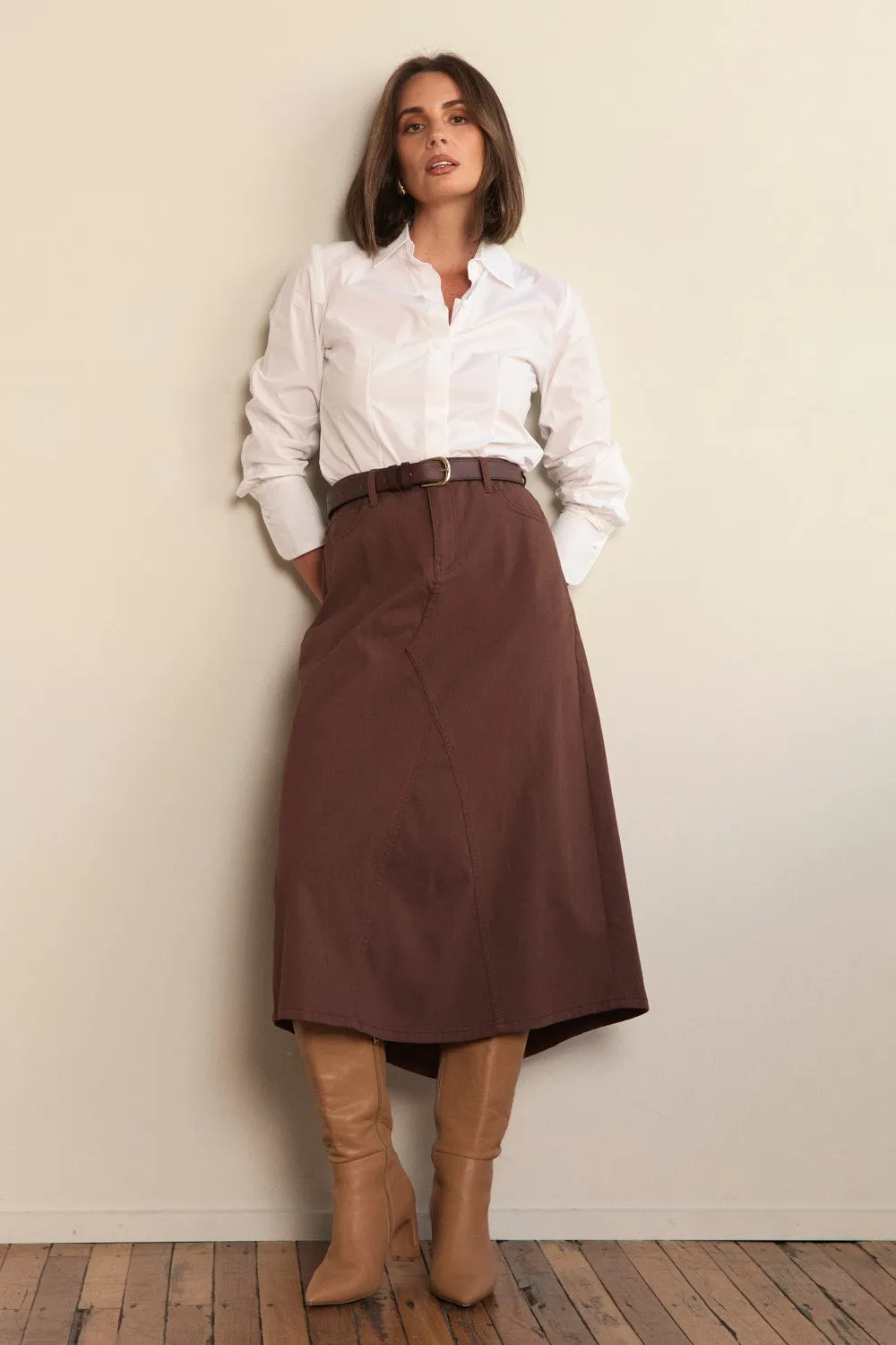 Oversized style Stretch A-Line Skirt in Chocolate