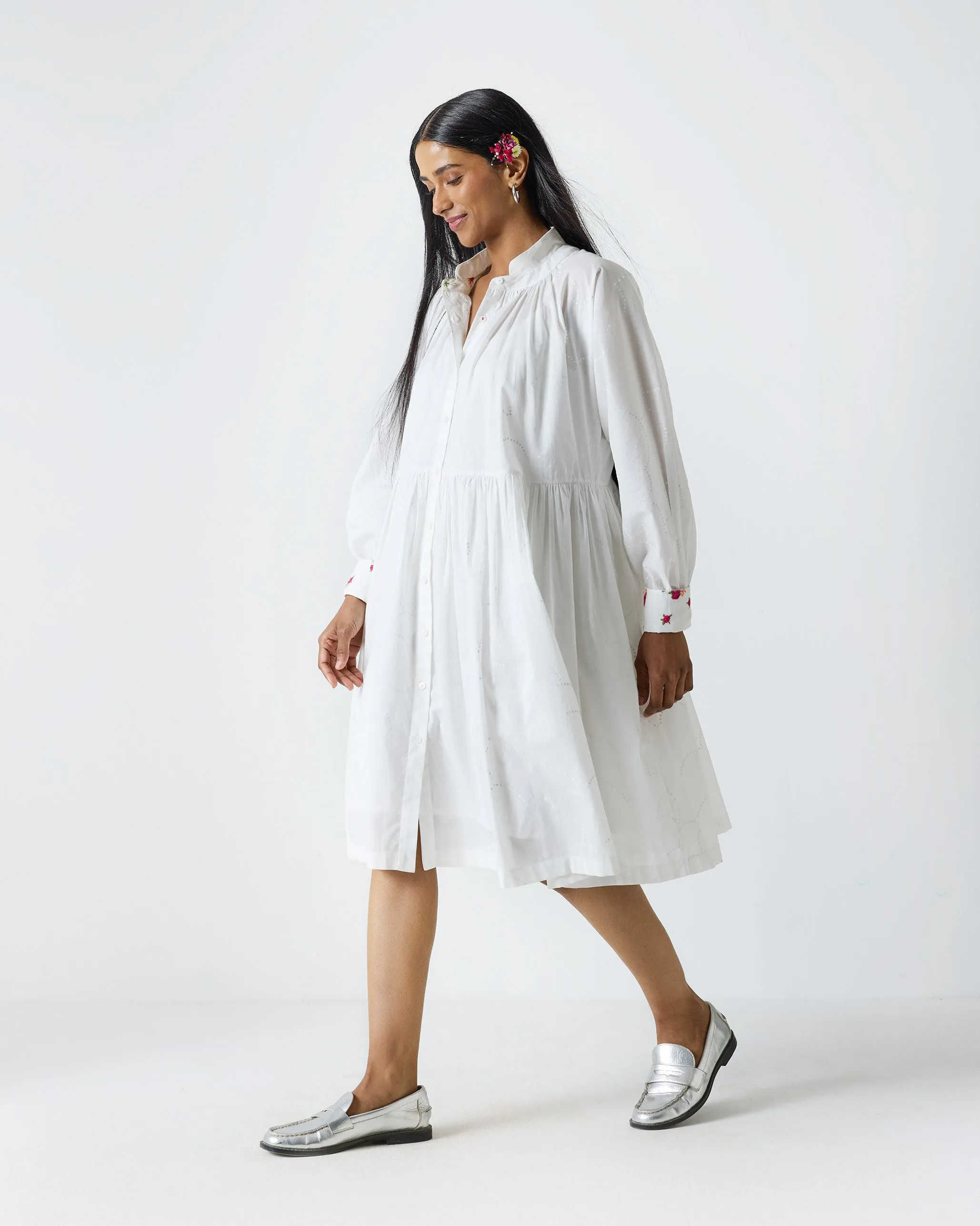 Miya Button Front Dress & Slip - White Print Polished Finish Earthy Hue