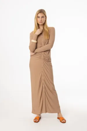 Side Pleats Mocha Ruched Cardi Maxi Dress