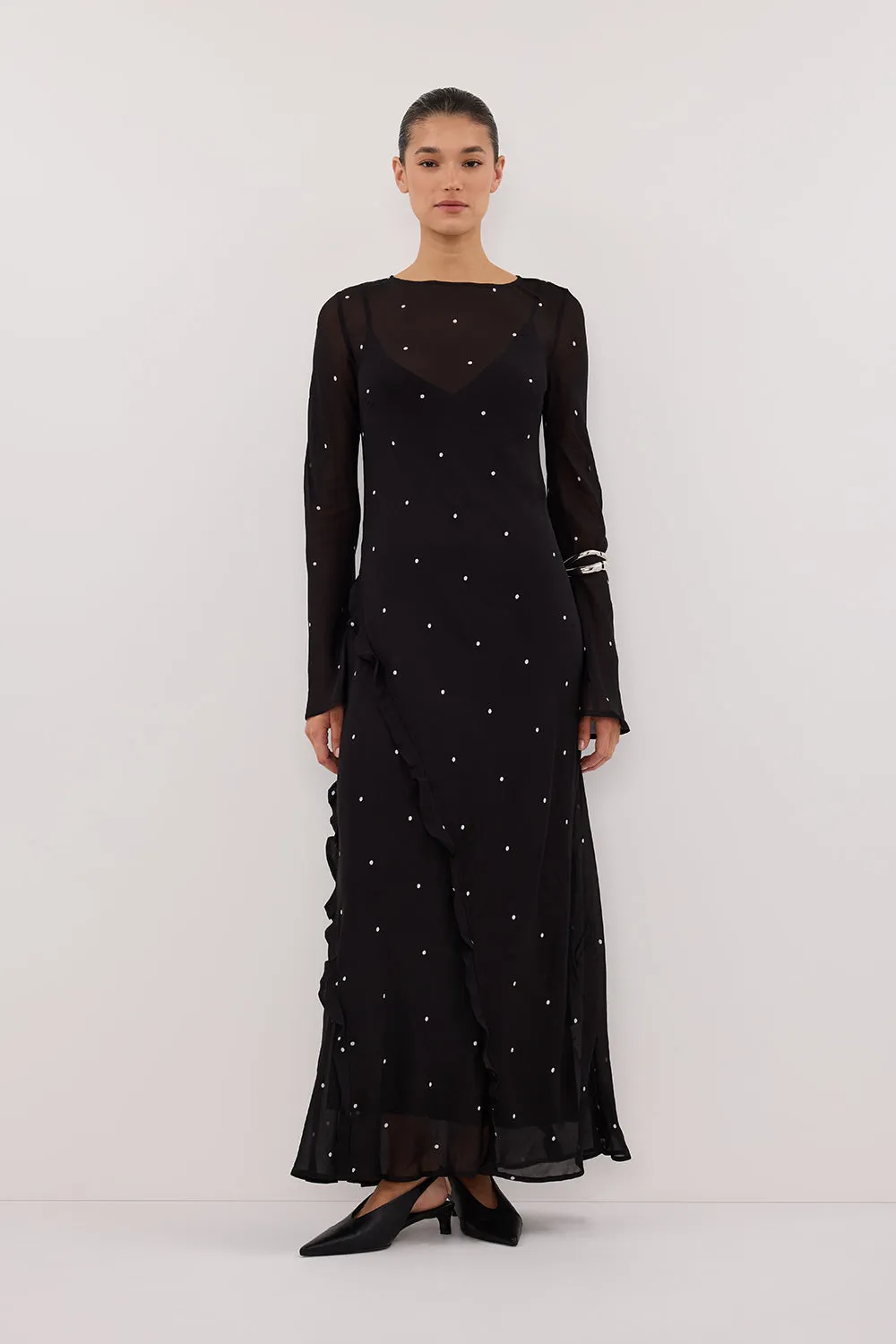 Smart Blend Delicate Edge MELROSE BLACK SPOT LONG SLEEVE MAXI DRESS