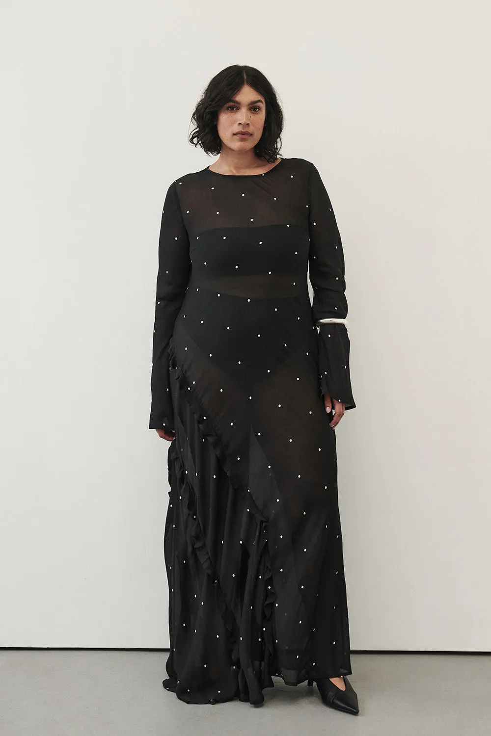 Style Upgrade Versatile Wear MELROSE BLACK SPOT LONG SLEEVE MAXI DRESS