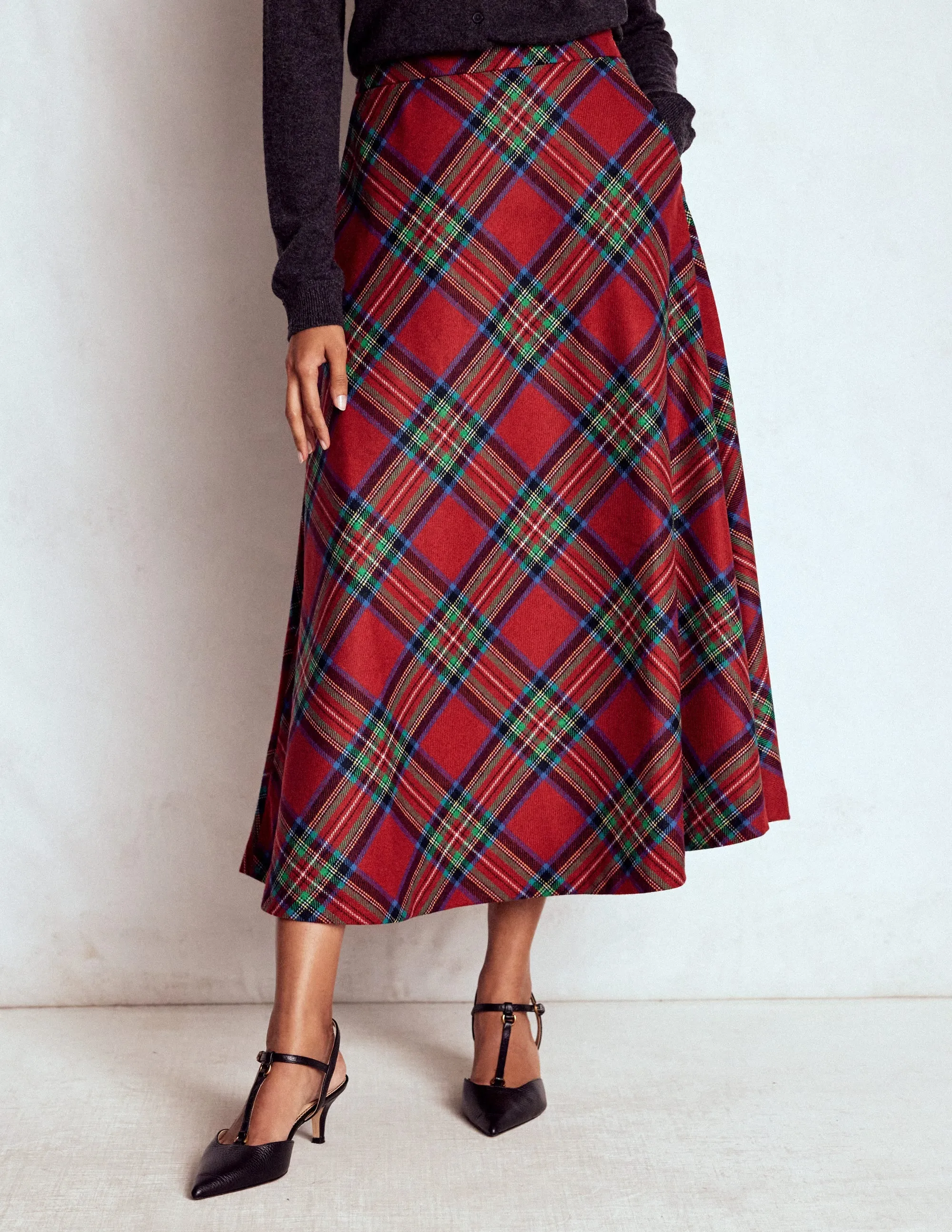 Hayley Wool Midi Skirt-Red, Blue and Green Check Wrap style