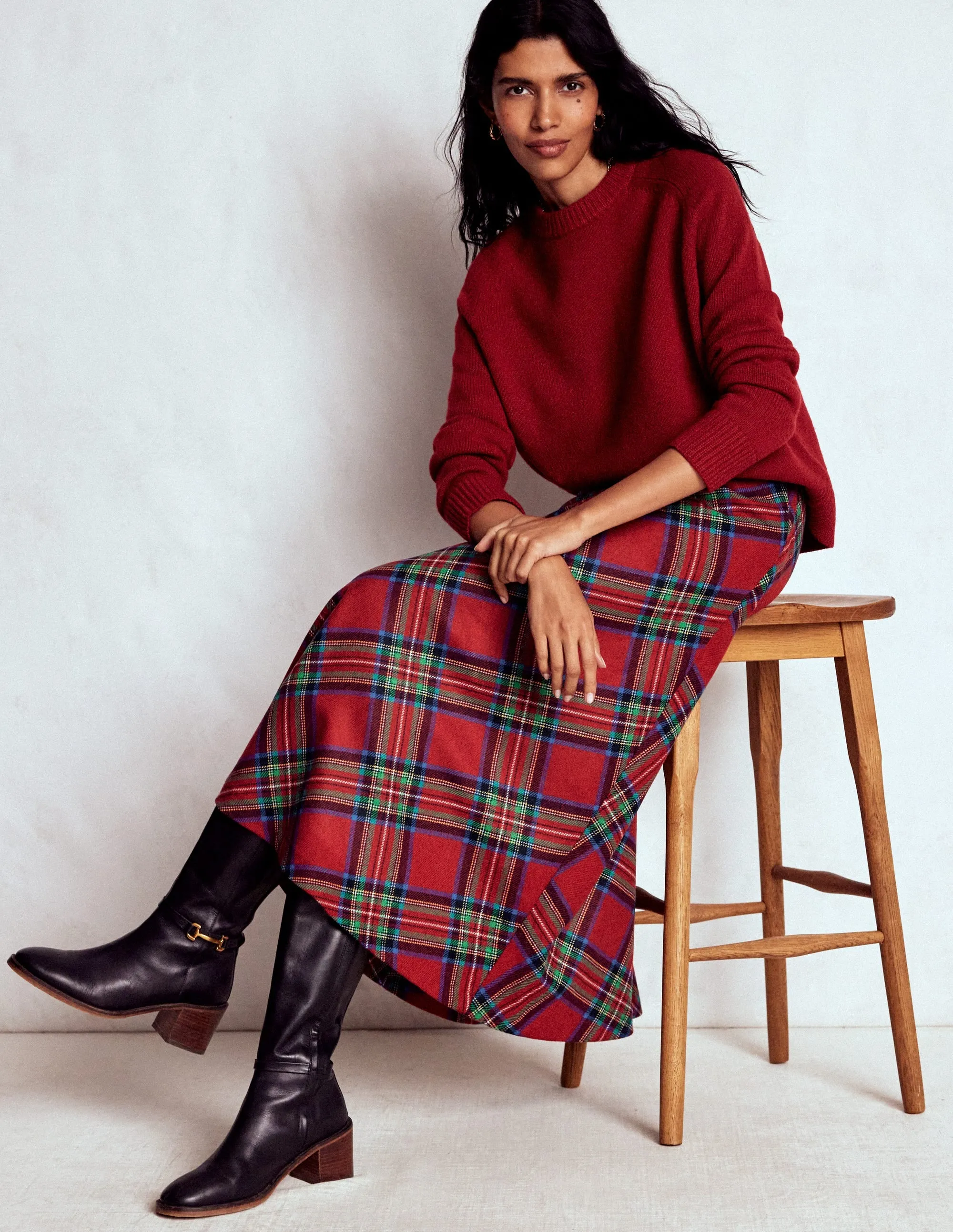 Hayley Wool Midi Skirt-Red, Blue and Green Check Vibe Shot Two Tone Trim