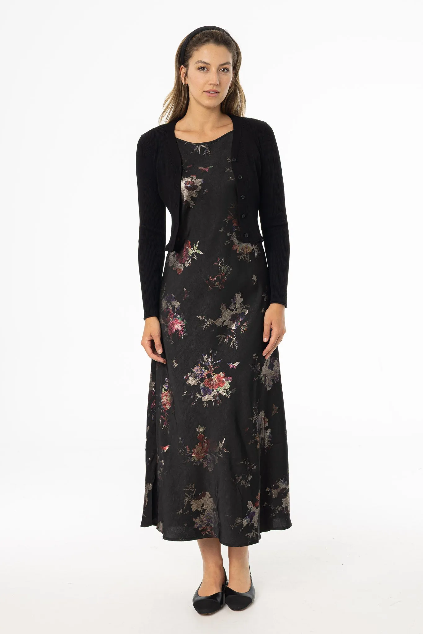 Feminine Structure Scoop-Neck Metallic Floral Printed Slip Jumper