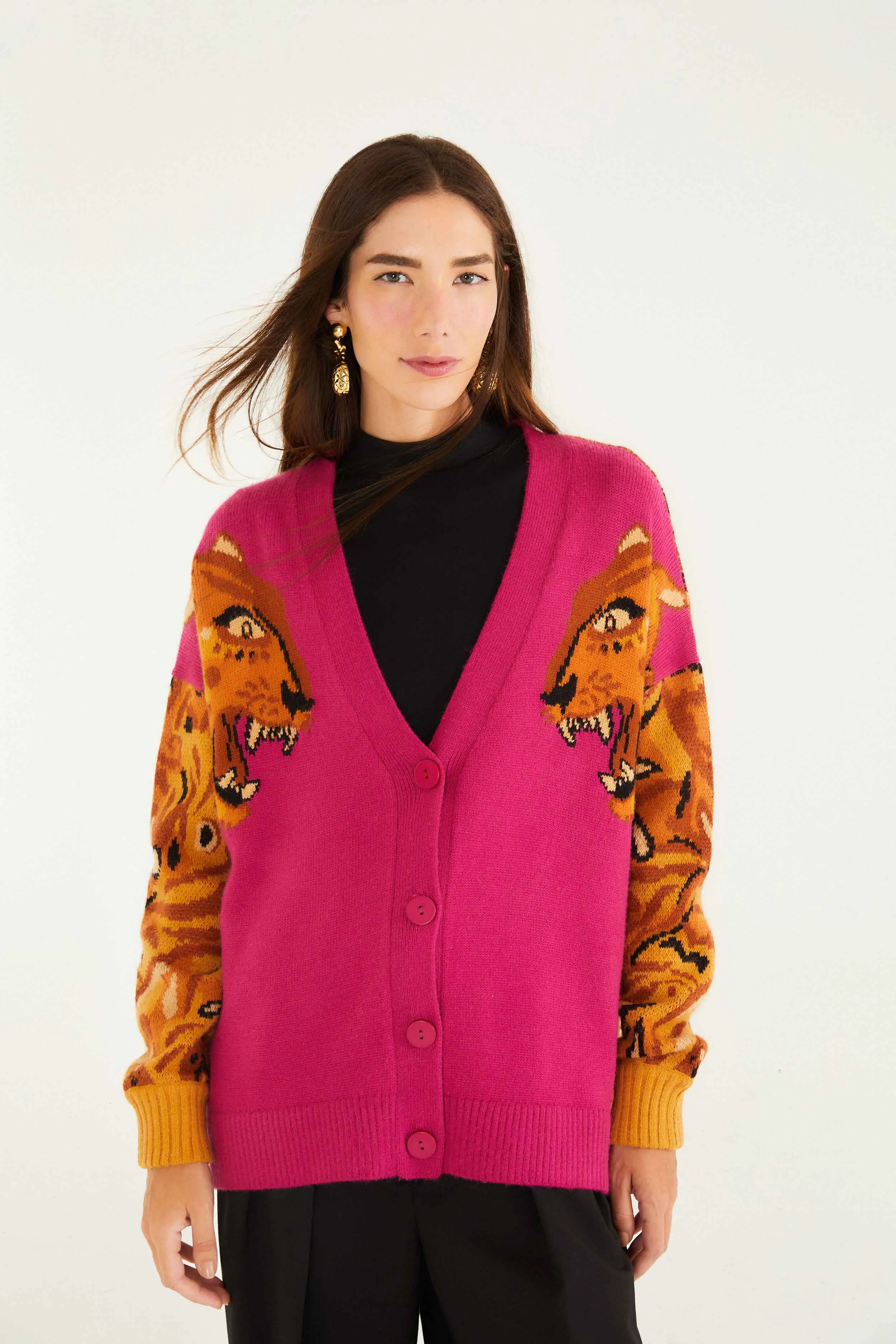 Pink Bold Tiger Buttoned Knit Cardigan Versatile Trend