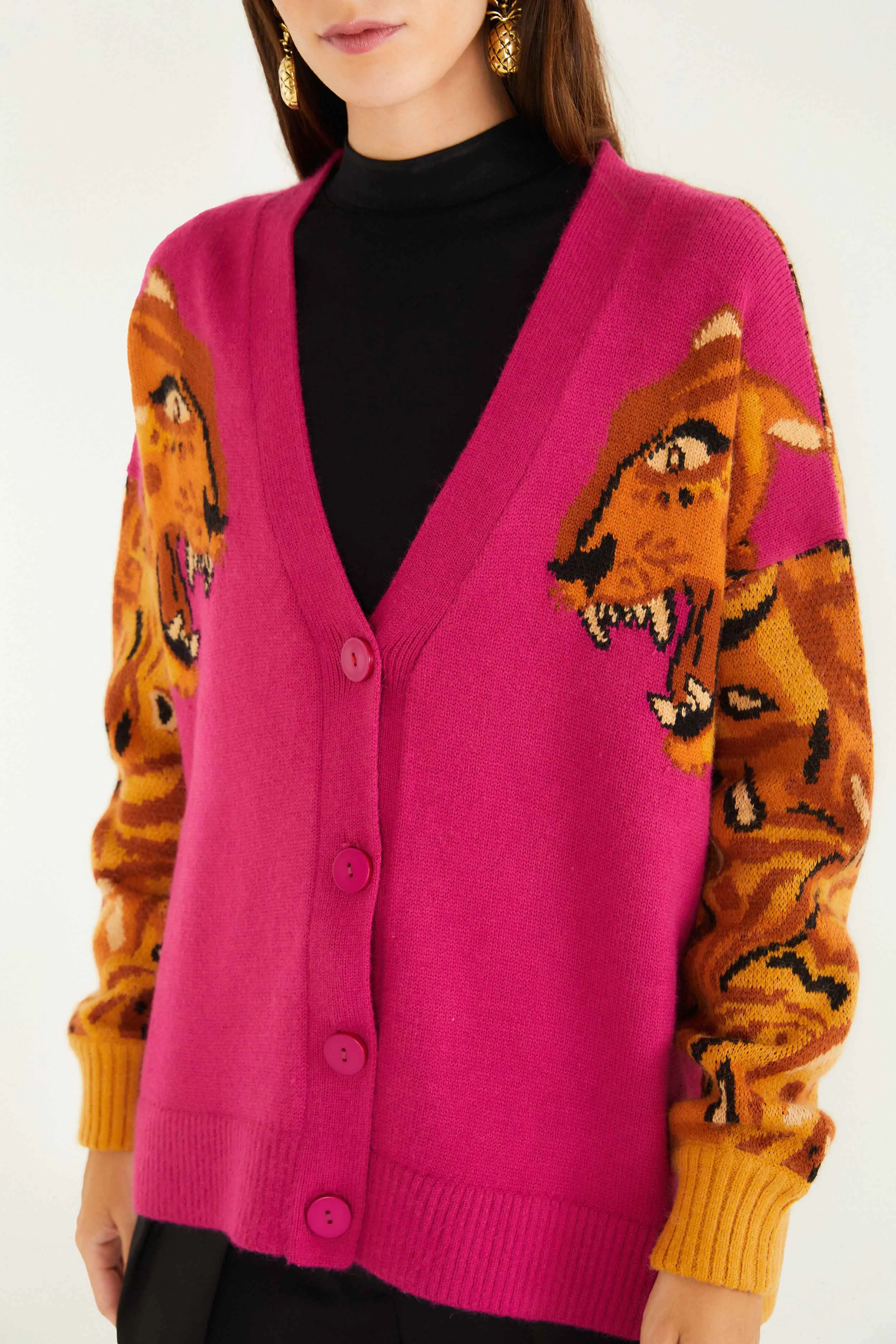 Stretch Flexibility Pink Bold Tiger Buttoned Knit Cardigan