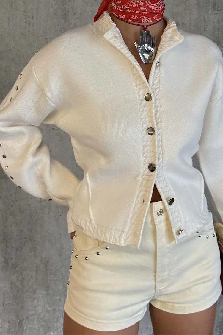 Odor control Cozy Loopback Fabric Ecru Studded Cardigan