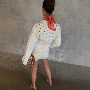 Garment Shaping Panels Four Way Stretch Ecru Studded Cardigan