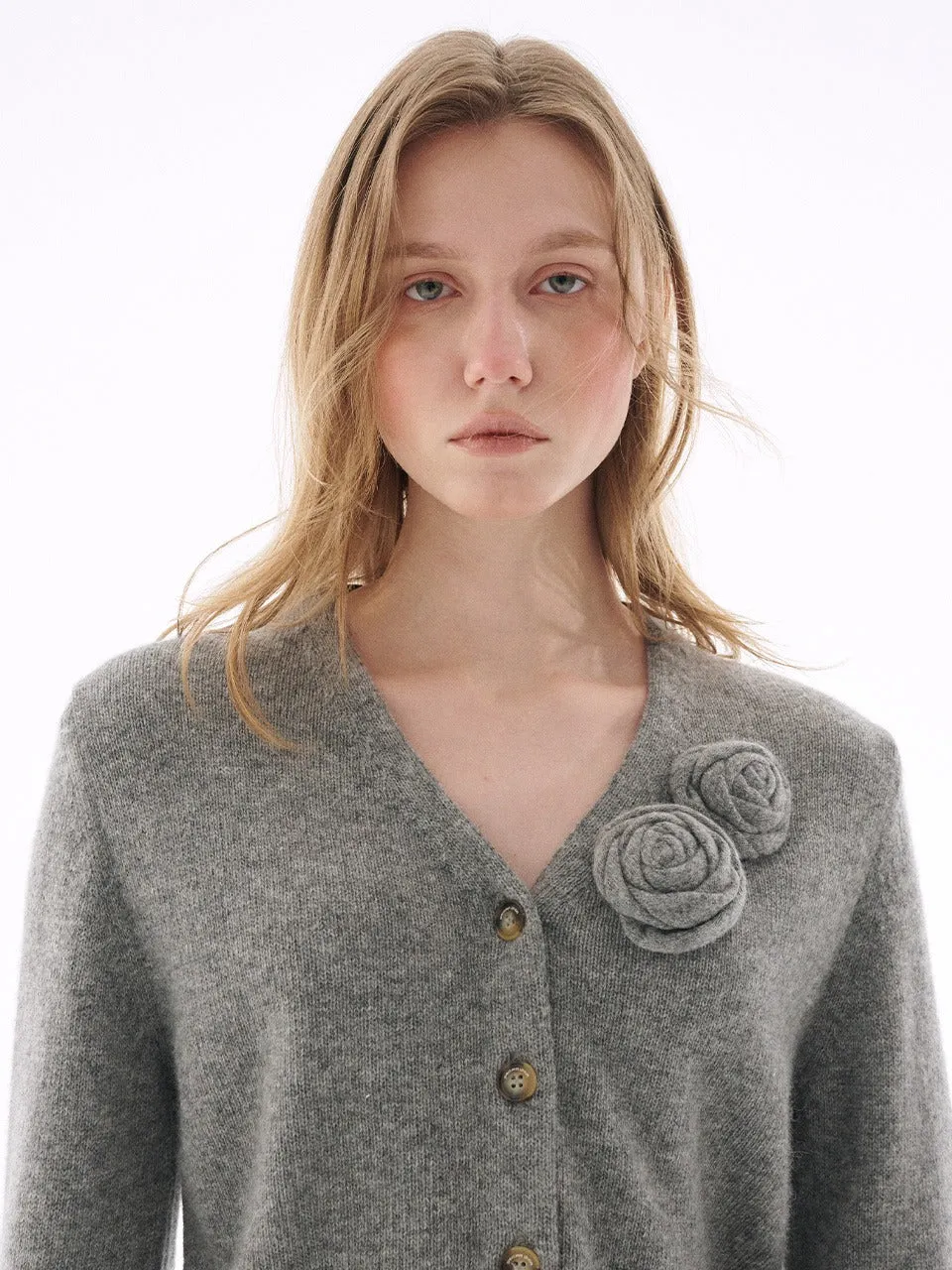 CASHMERE BLENDED CARDIGAN V NECK ROSE_GREY Drop Shoulder Design Modern Basic