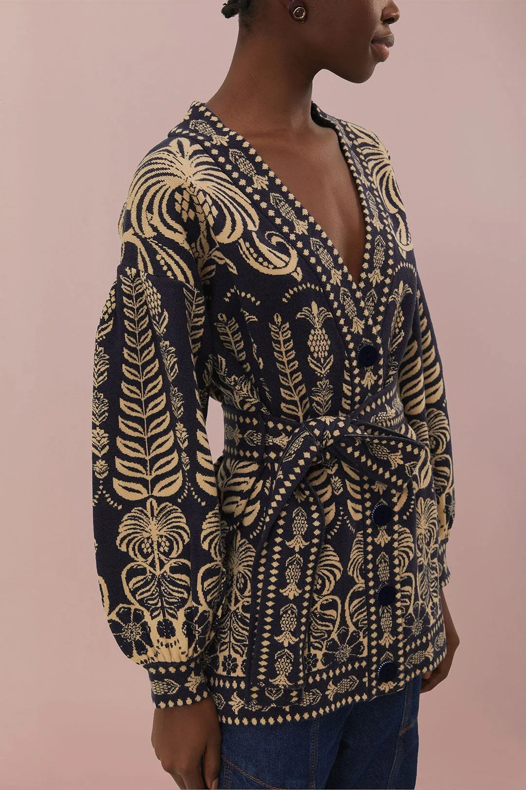 Reinforced Hemline Lightweight Thermal Weave Navy Blue Ainika Tropical Splendor Knit Cardigan